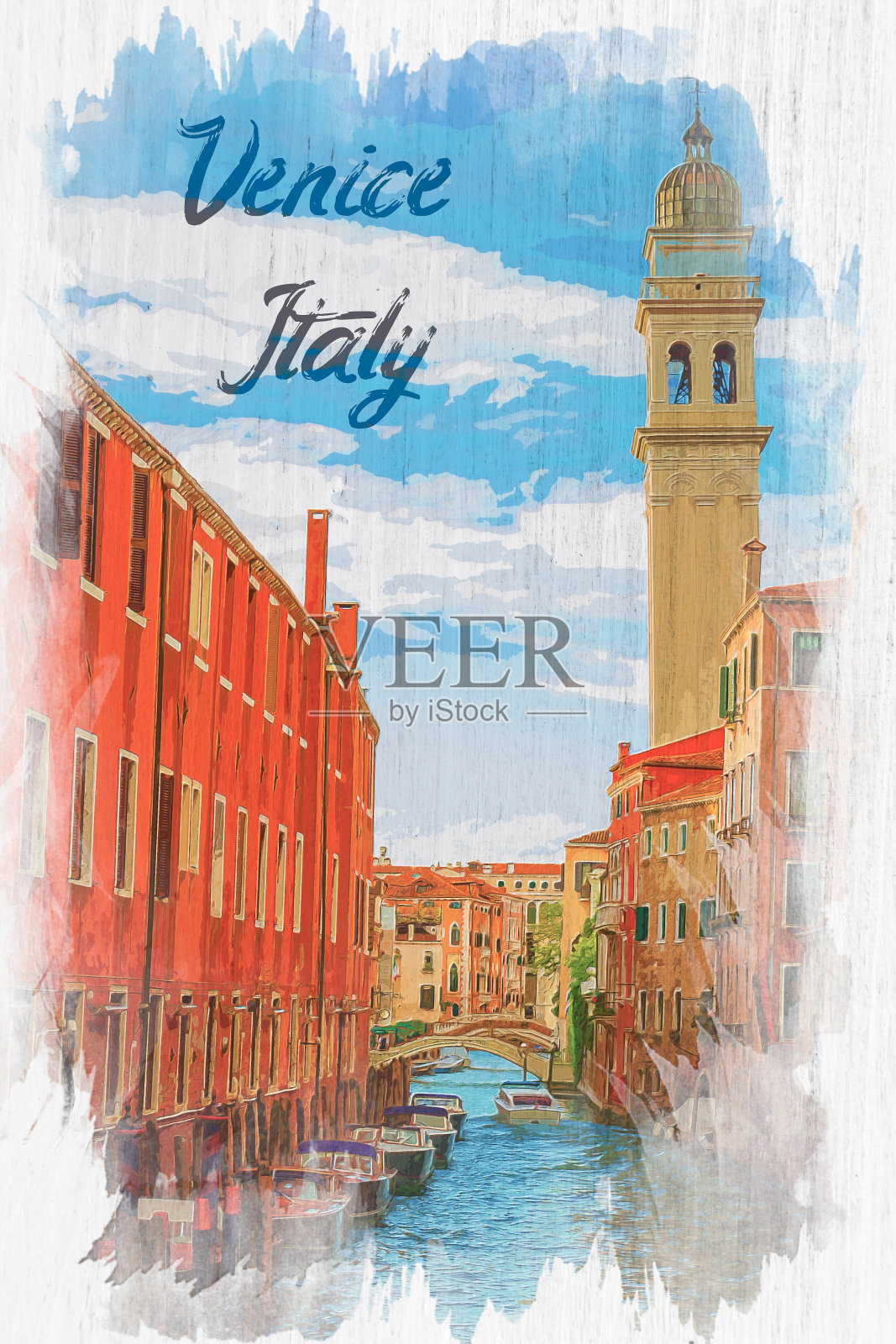 大运河和古老建筑的水彩画，威尼斯插画图片素材