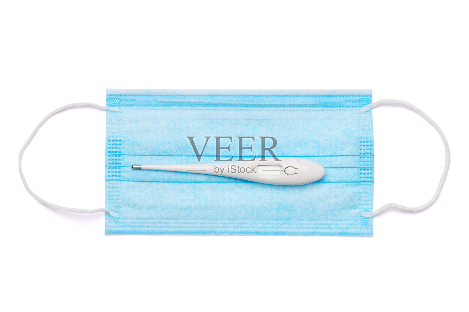 瓶子的洗液，消毒剂或液体肥皂，电子温度计和保护口罩在浅灰色背景照片摄影图片