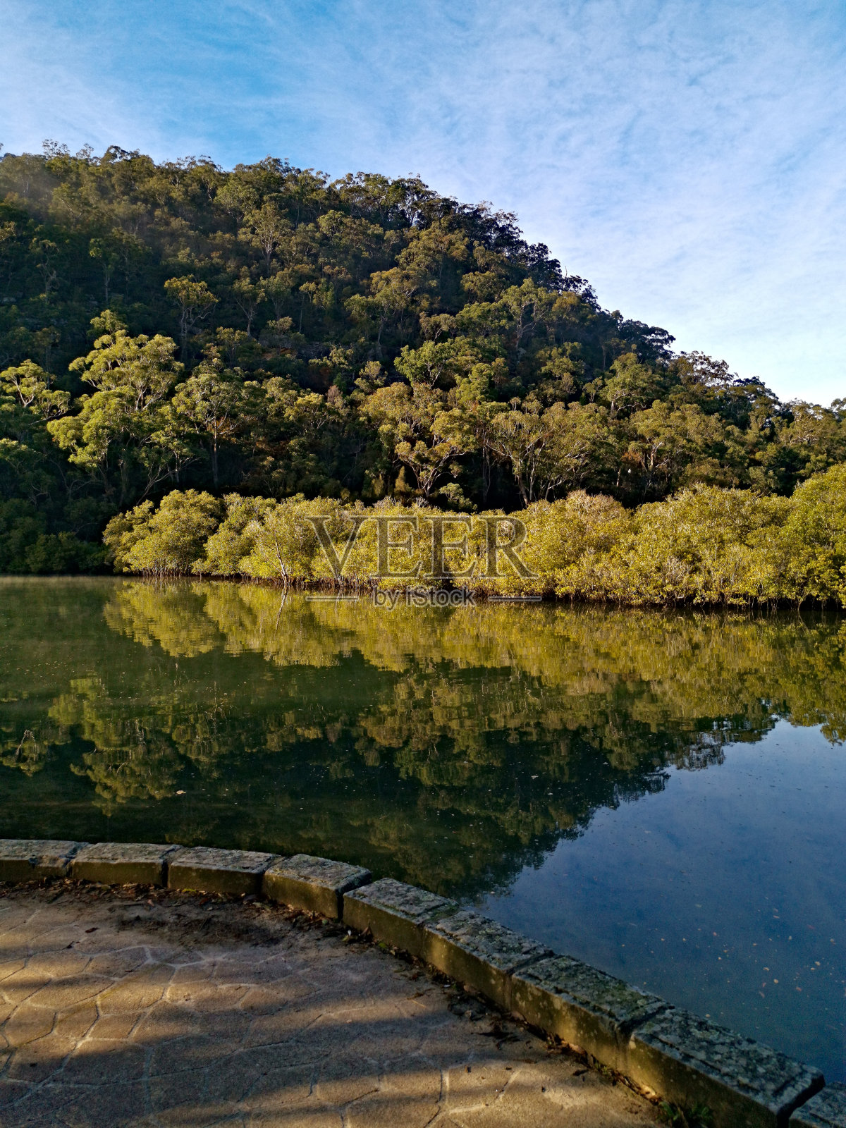 美丽的河流与蓝天，山脉和树木的倒影，筒子头，鼓环盖蔡斯国家公园照片摄影图片
