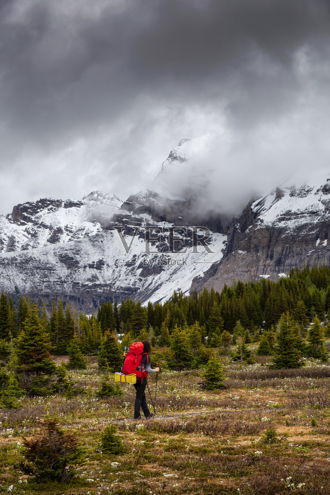 女性背包客在加拿大落基山脉徒步旅行在一个阴天照片摄影图片