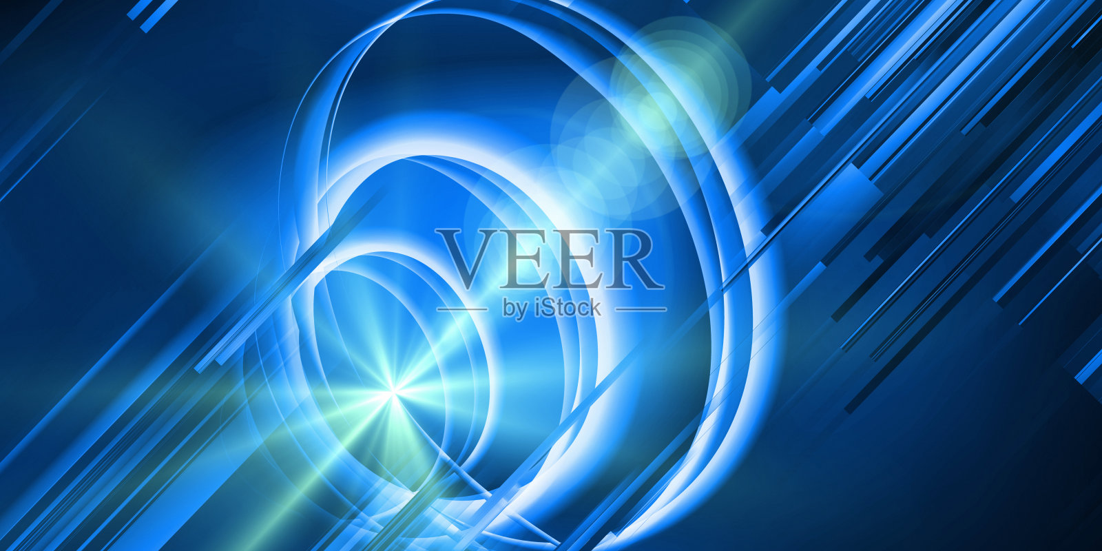 抽象霓虹线在蓝色彩色背景。未来设计的技术和科学概念。旗帜与螺旋线在黑暗的梯度和模糊的线。插画图片素材