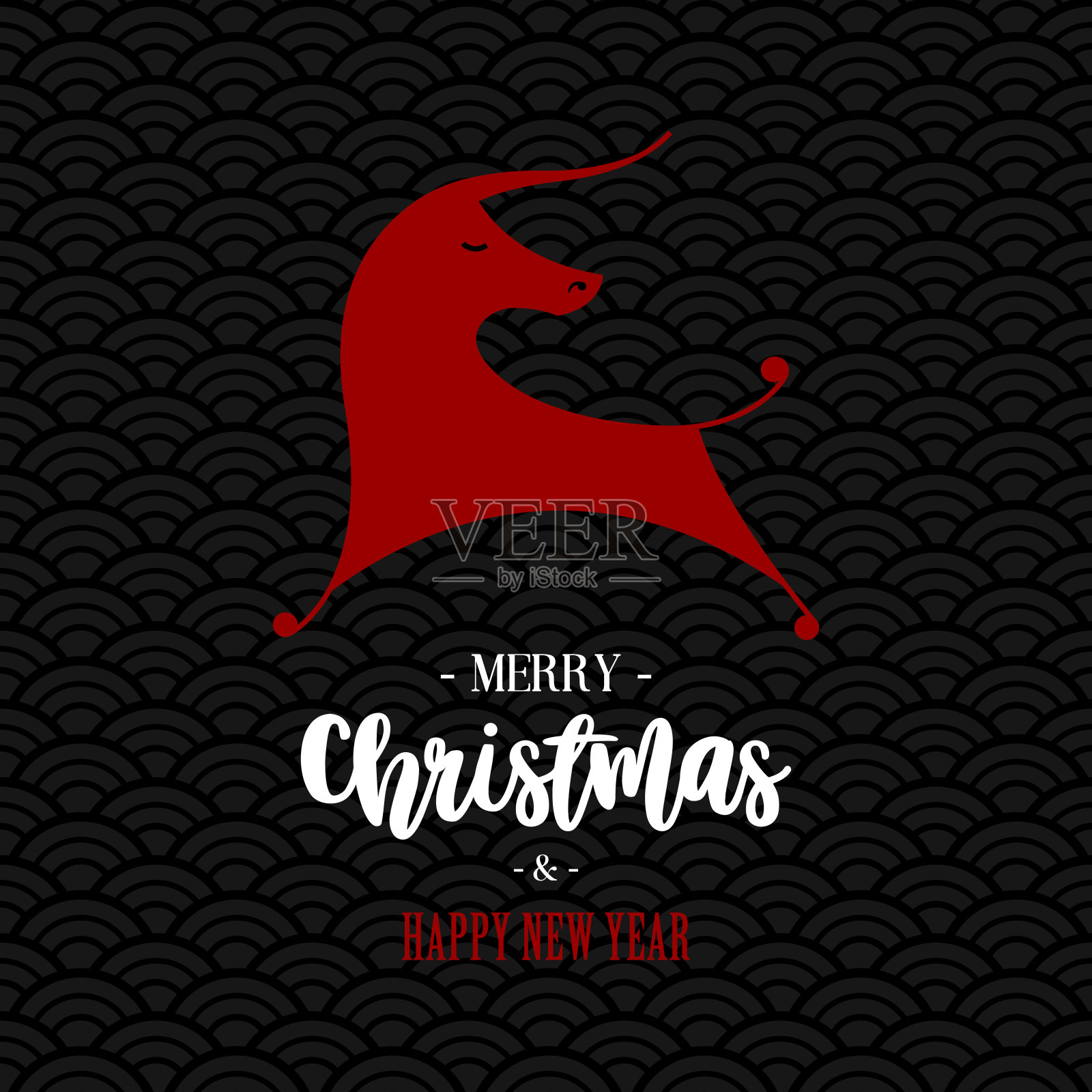 明信片圣诞快乐，新年快乐，黑色背景红牛插画图片素材