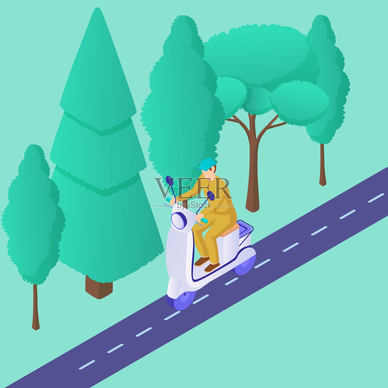 踏板车送快递。人物穿着黄色制服，白色滑板车带着集装箱背骑高速公路。插画图片素材