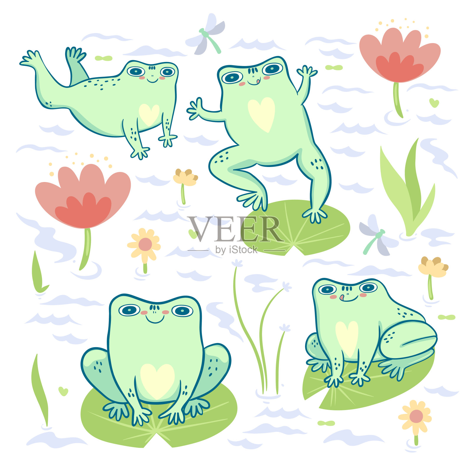 在白色的背景上收集可爱的青蛙。矢量图形。插画图片素材