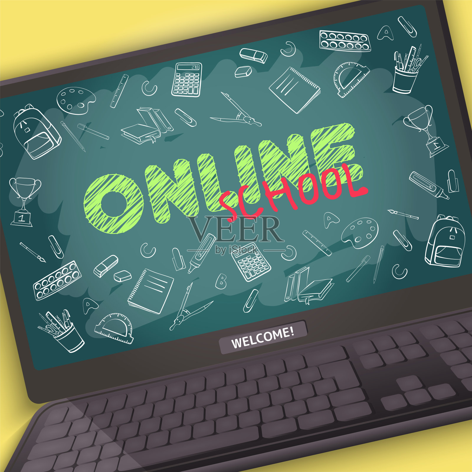 网上学校插图与笔记本电脑和学校董事会。插画图片素材