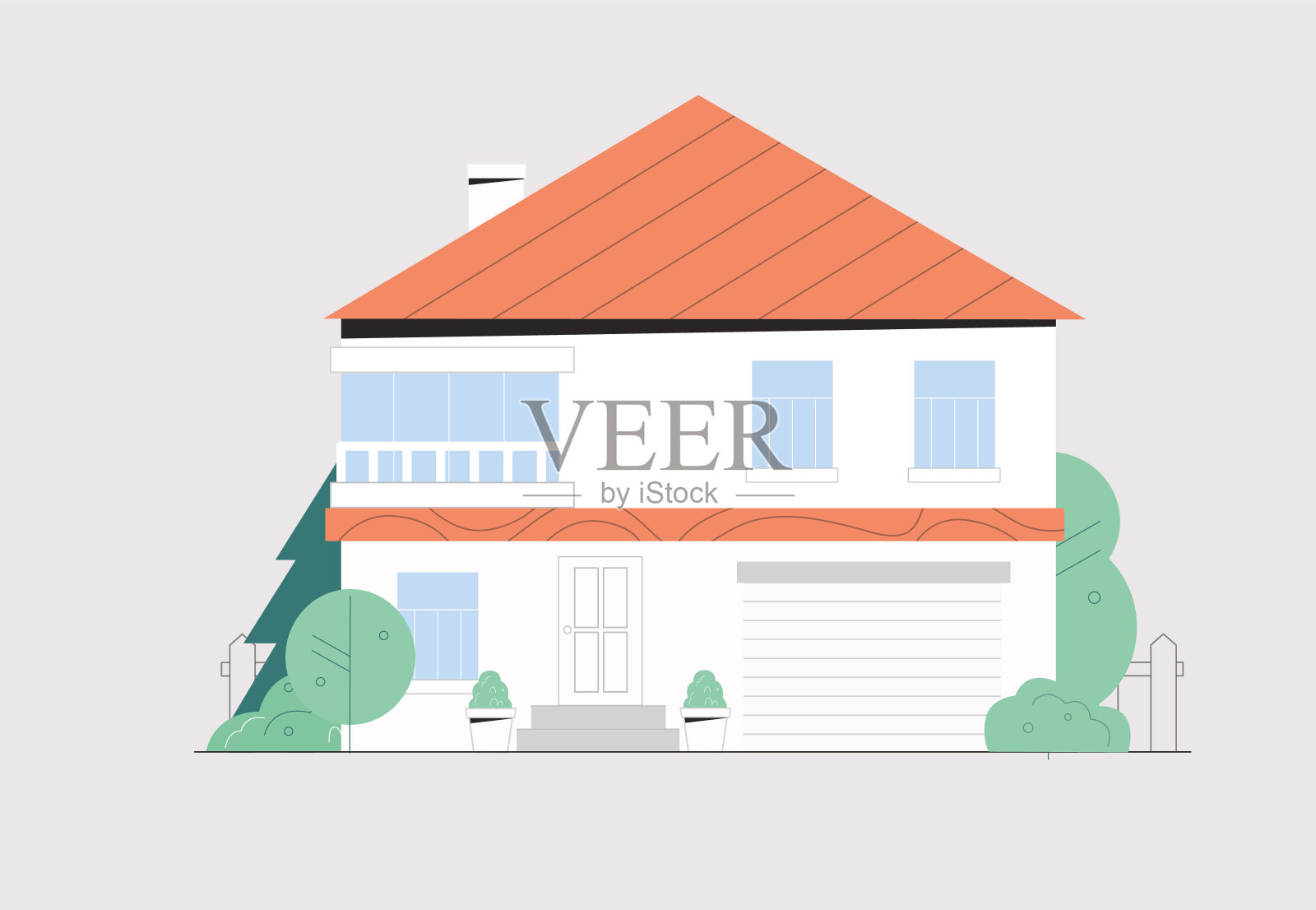 现代风格的联排别墅或别墅的正面。现代建筑与大窗户隔离在白色背景，周围绿色的灌木和树木。平面风格矢量插图。设计元素图片