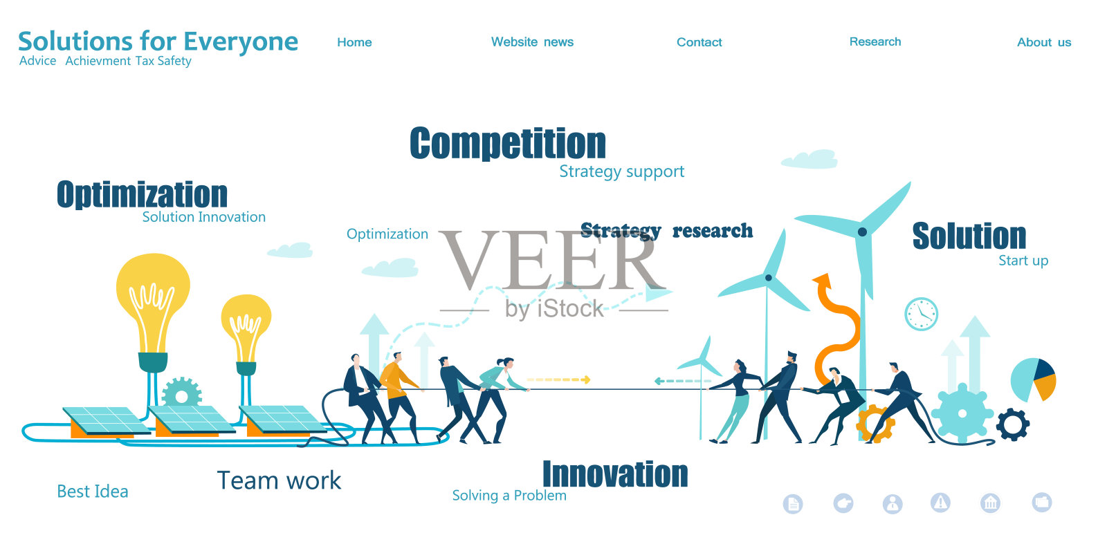 替代能源，风力涡轮机和太阳能电池板。现代平面设计概念网站或应用程序页面。金融服务，银行，战略规划，发展，业务解决方案，咨询，市场研究，团队合作，数据分析，支持，安全插画图片素材
