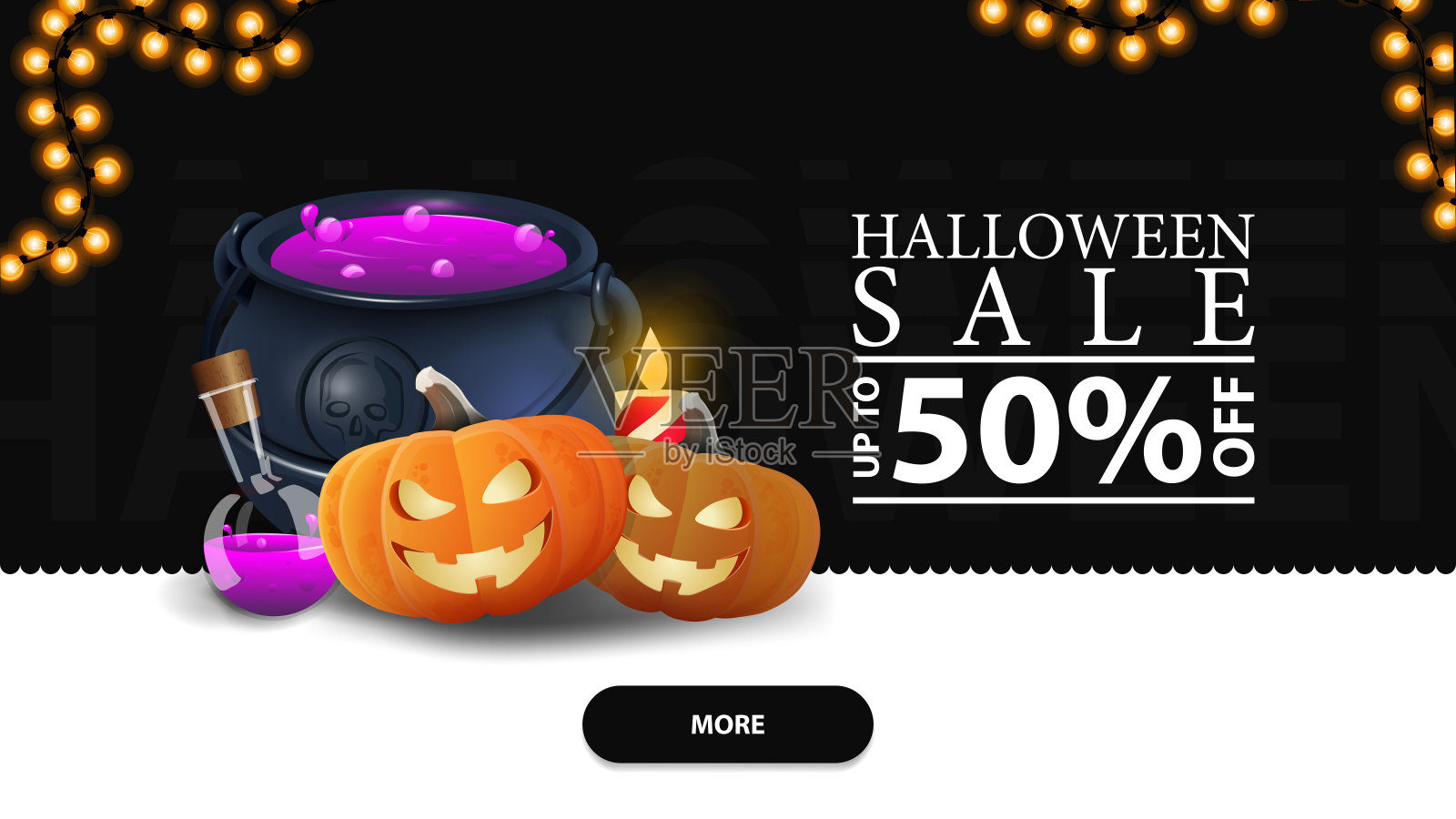 万圣节特卖，高达五折，创意设计的现代黑色折扣横幅，女巫的锅和南瓜杰克设计模板素材