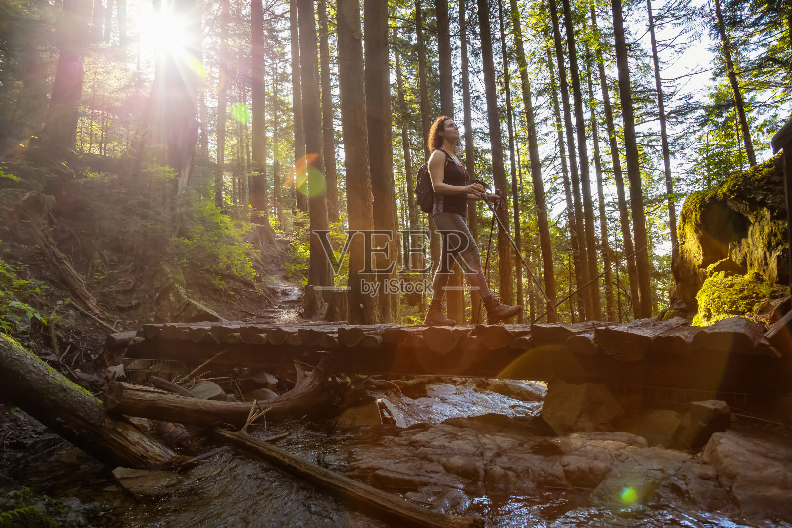 在充满活力的绿色热带雨林中徒步的女孩照片摄影图片