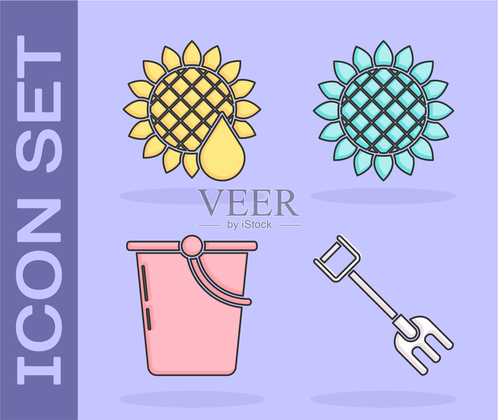 设花园耙葵花籽桶和葵花籽图标素材