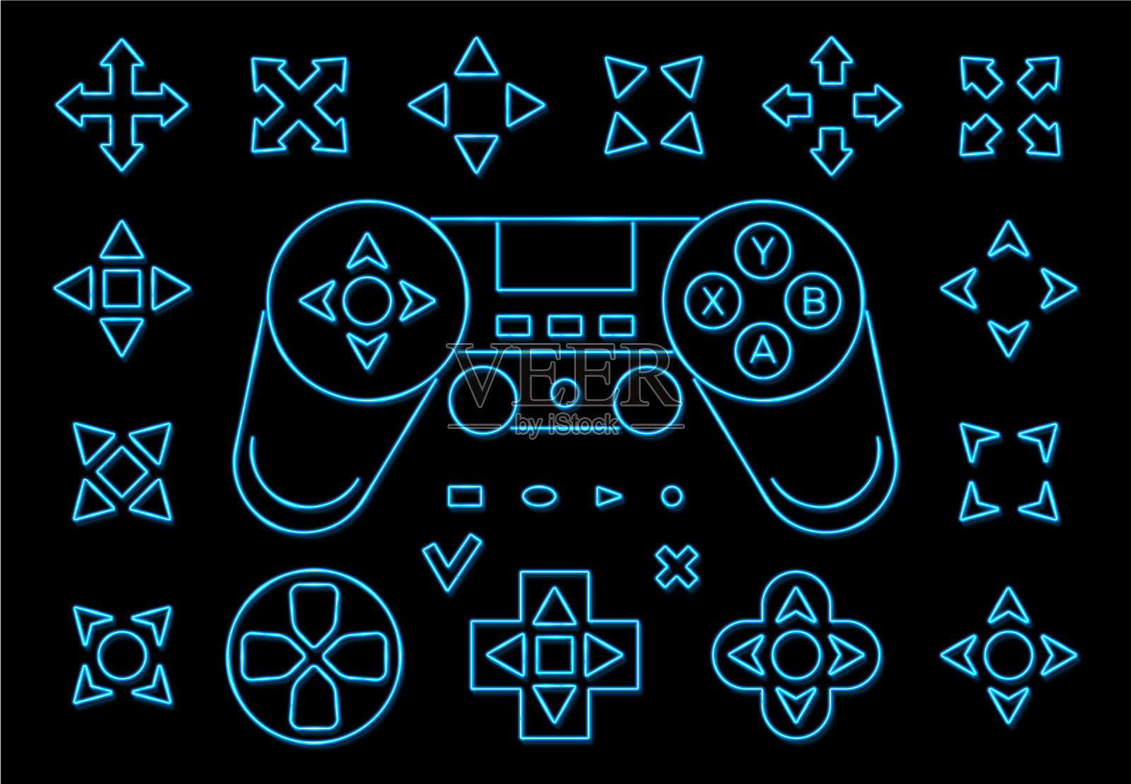 霓虹灯光游戏UI标志设置在黑色背景插画图片素材