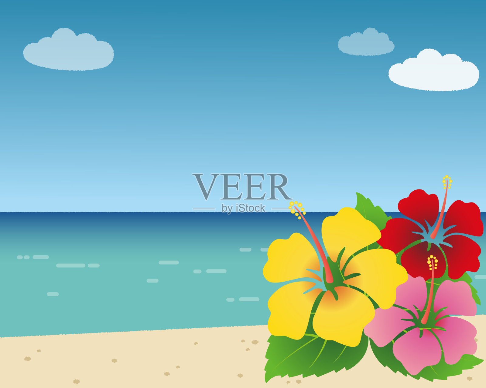 插图多彩的木槿与阳光明媚的夏天的海和云。插画图片素材