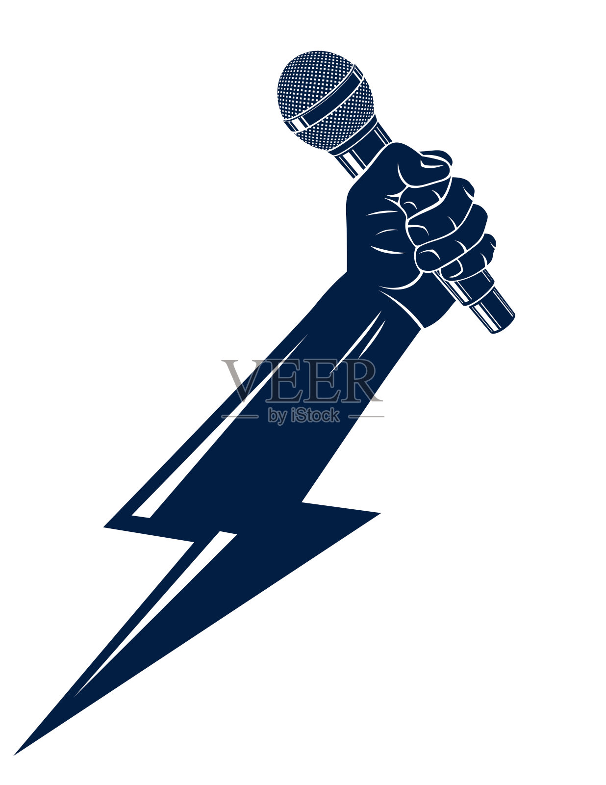 手拿麦克风在一个形状的闪电，说唱战斗押韵音乐，卡拉ok唱歌或单口喜剧，矢量或插图，音乐节或夜总会的标签，t恤印花。插画图片素材