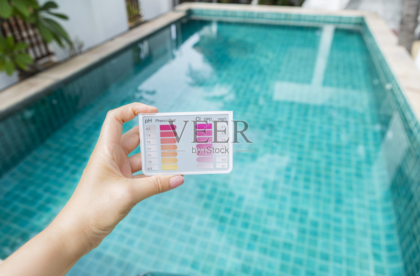 水测试测试包在女孩移交模糊的游泳池背景照片摄影图片