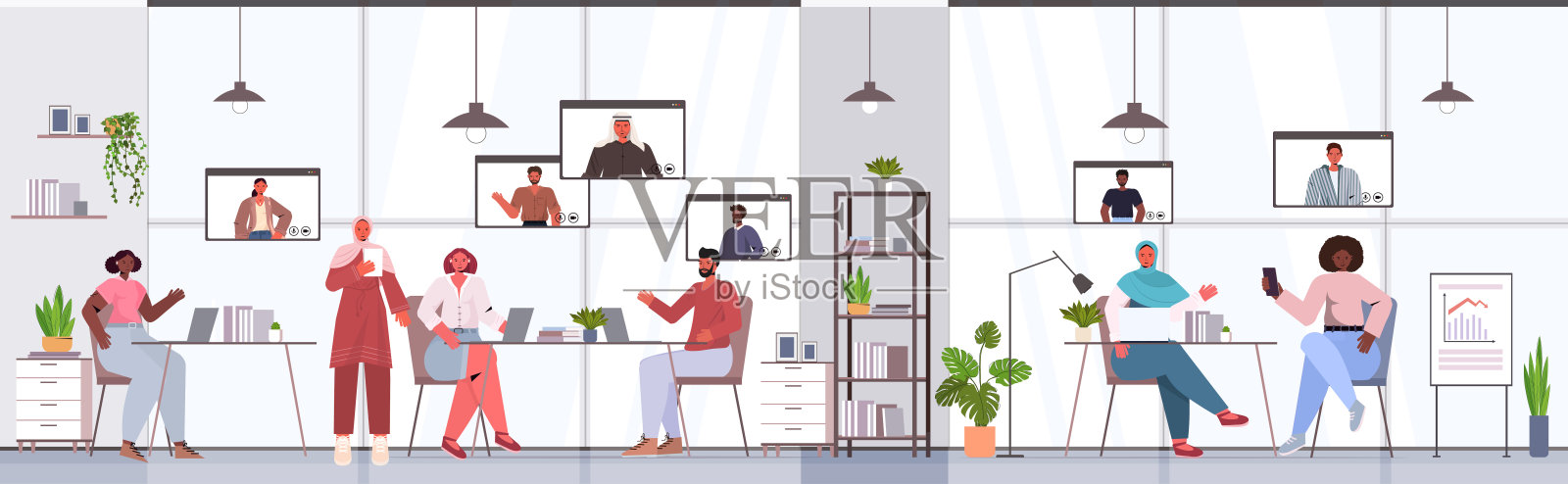 商务人士聊天与混血同事在视频电话人们有在线会议会议插画图片素材