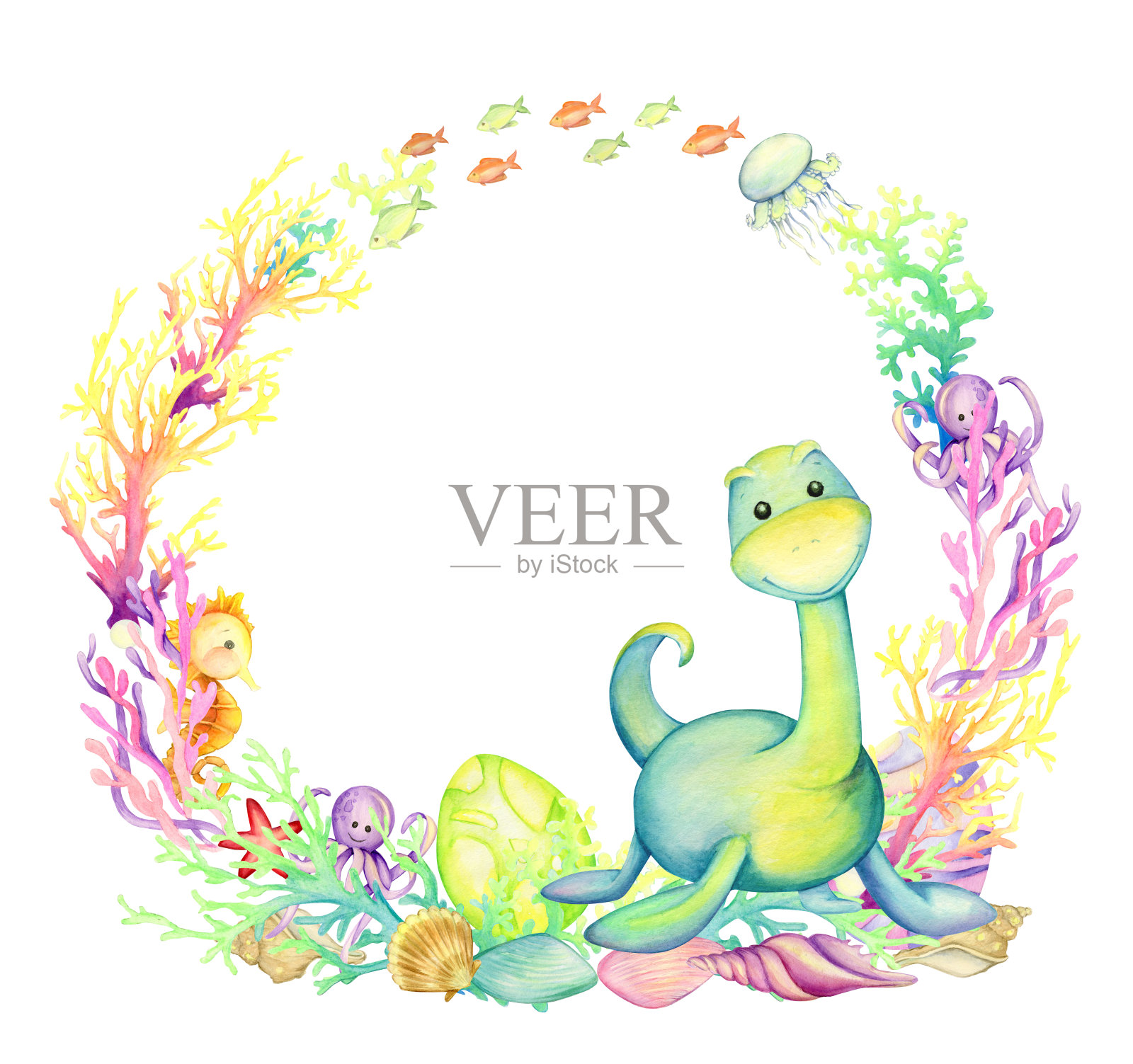 可爱的恐龙，被珊瑚鱼和贝壳包围。水彩画框，在一个孤立的背景，与史前动物。儿童剪辑艺术，为贺卡。插画图片素材
