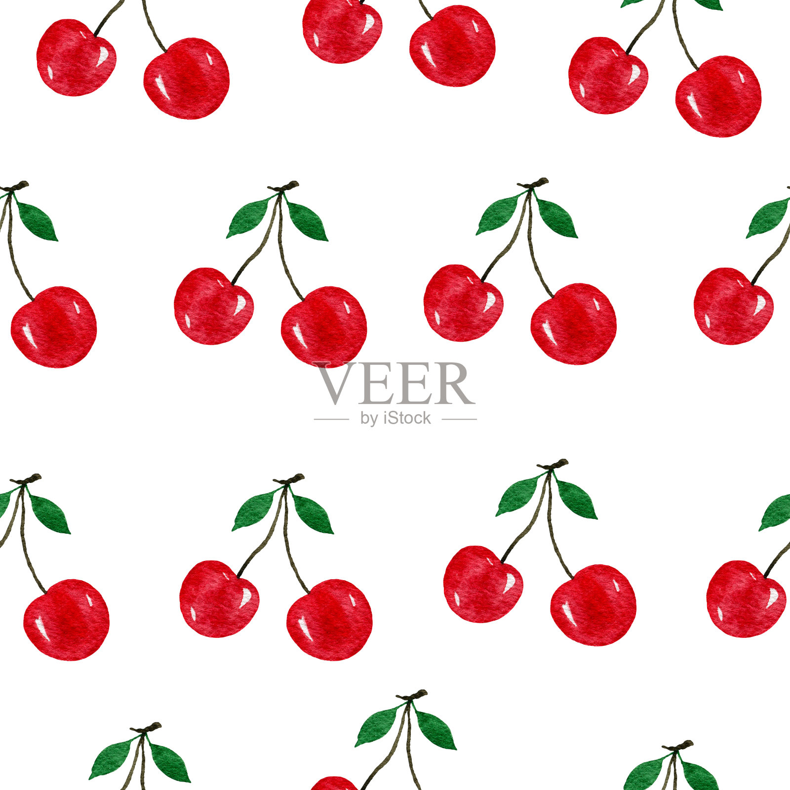 樱桃无缝图案，水彩甜食物插图为背景，壁纸，织物或包装，夏季新鲜樱桃水果设计插画图片素材