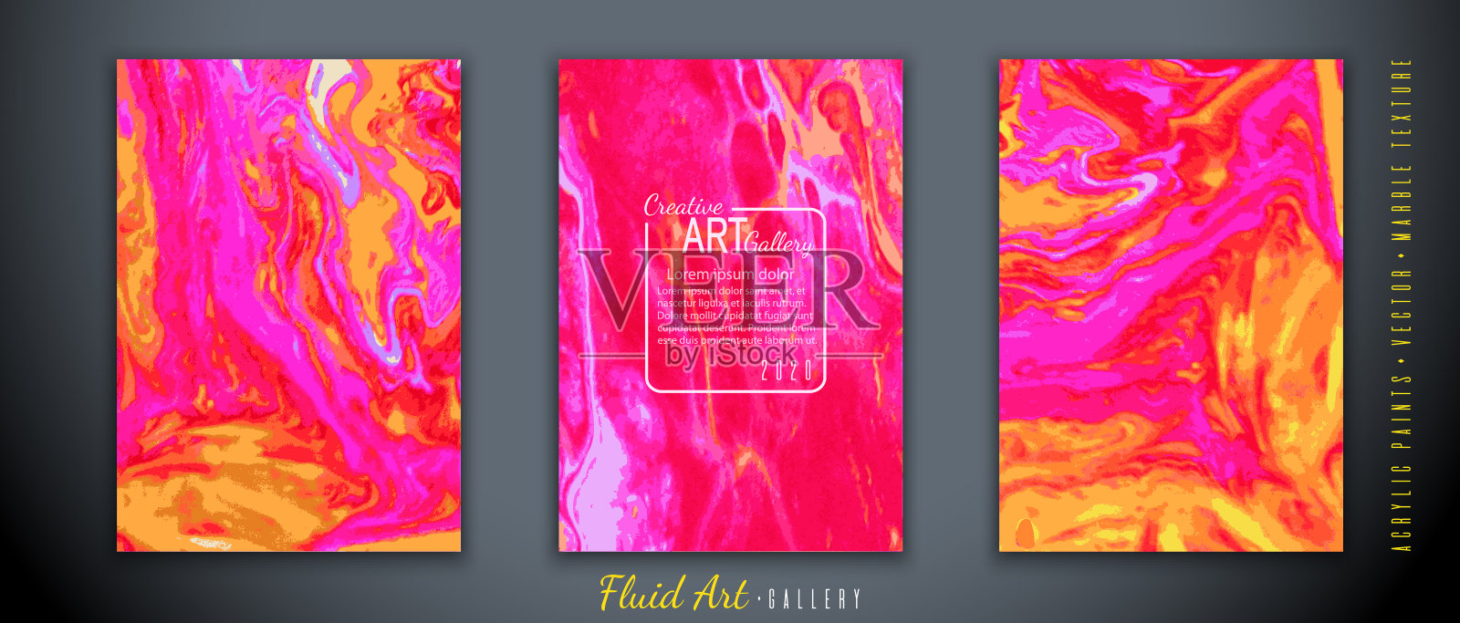 向量。流体艺术。液体大理石纹理。树莓红，紫色和黄色的阴影。波的效果。艺术笔触与丙烯酸颜料。时尚现代的背景。抽象绘画。插画图片素材