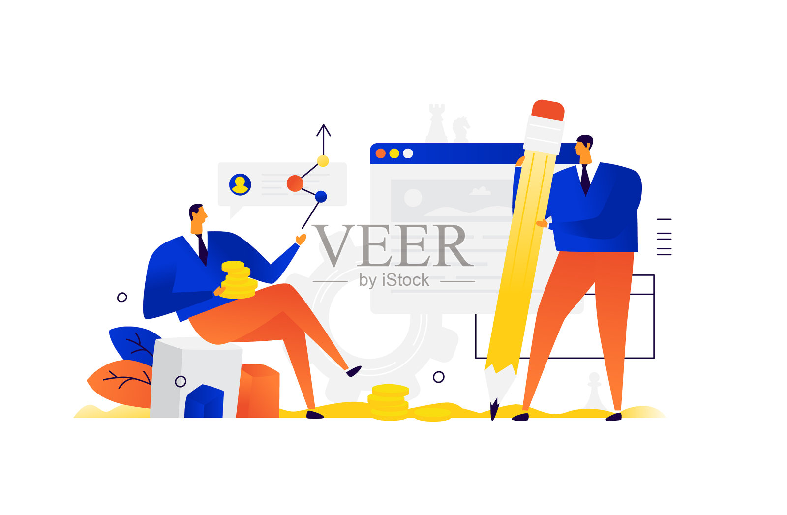 一个拿着铅笔的男人和一个拿着硬币的商人插画图片素材