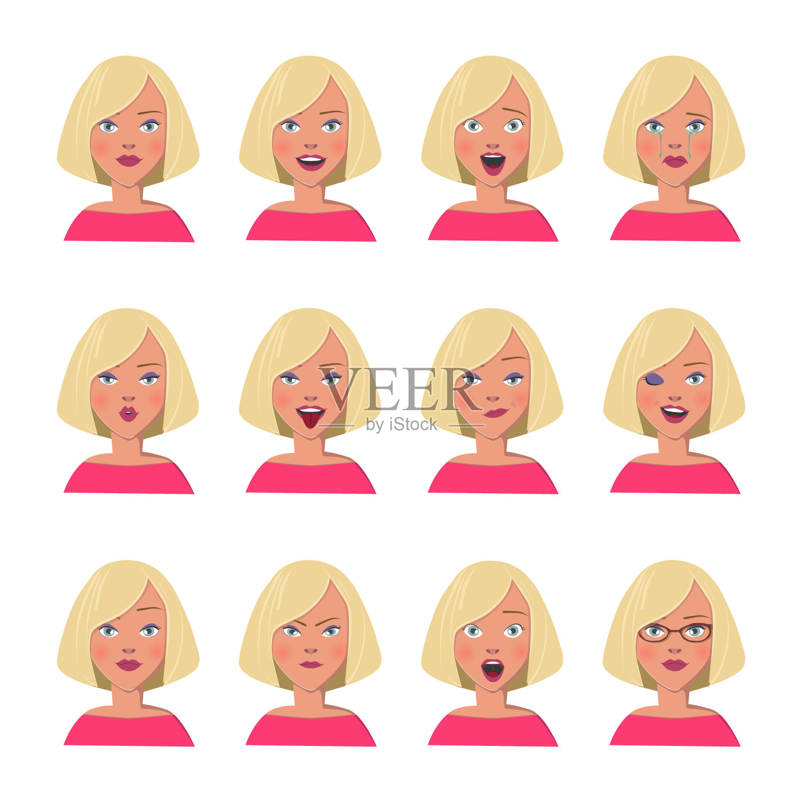 一套欧洲金发和蓝眼睛女人肖像12种不同的情绪;空闲，微笑，哭泣，悲伤，生气，眨眼，高兴，惊讶，怪癖，戴眼镜等插画图片素材