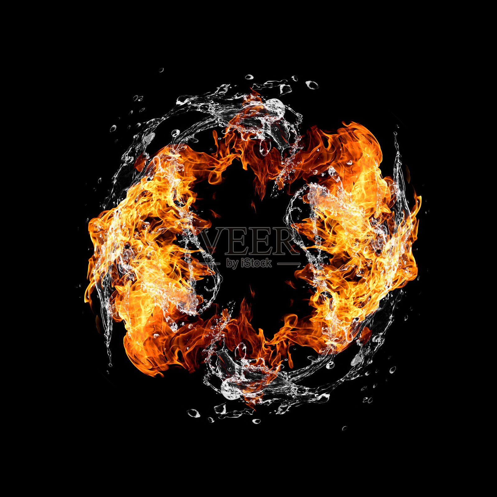 三维插图与火焰和水旋转照片摄影图片