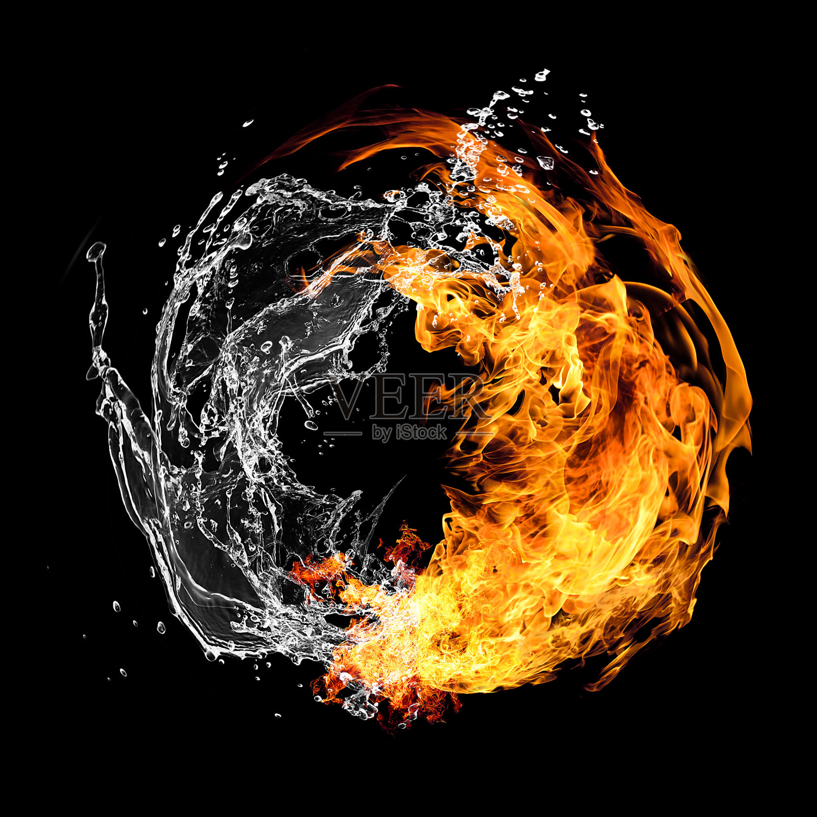 一个圆形漩涡结合火焰和水的3D插图照片摄影图片