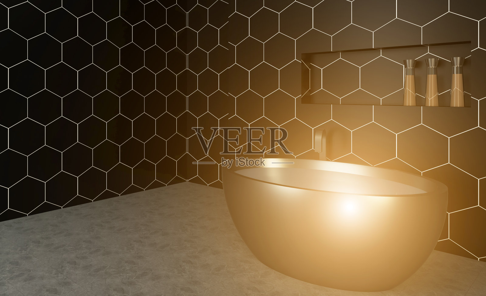 干净清新的浴室，自然光。3 d渲染…日落。照片摄影图片