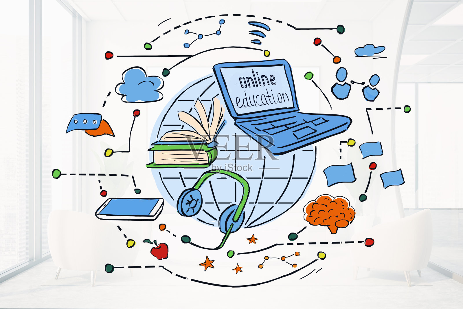 明亮的在线教育素描在模糊的房间里照片摄影图片