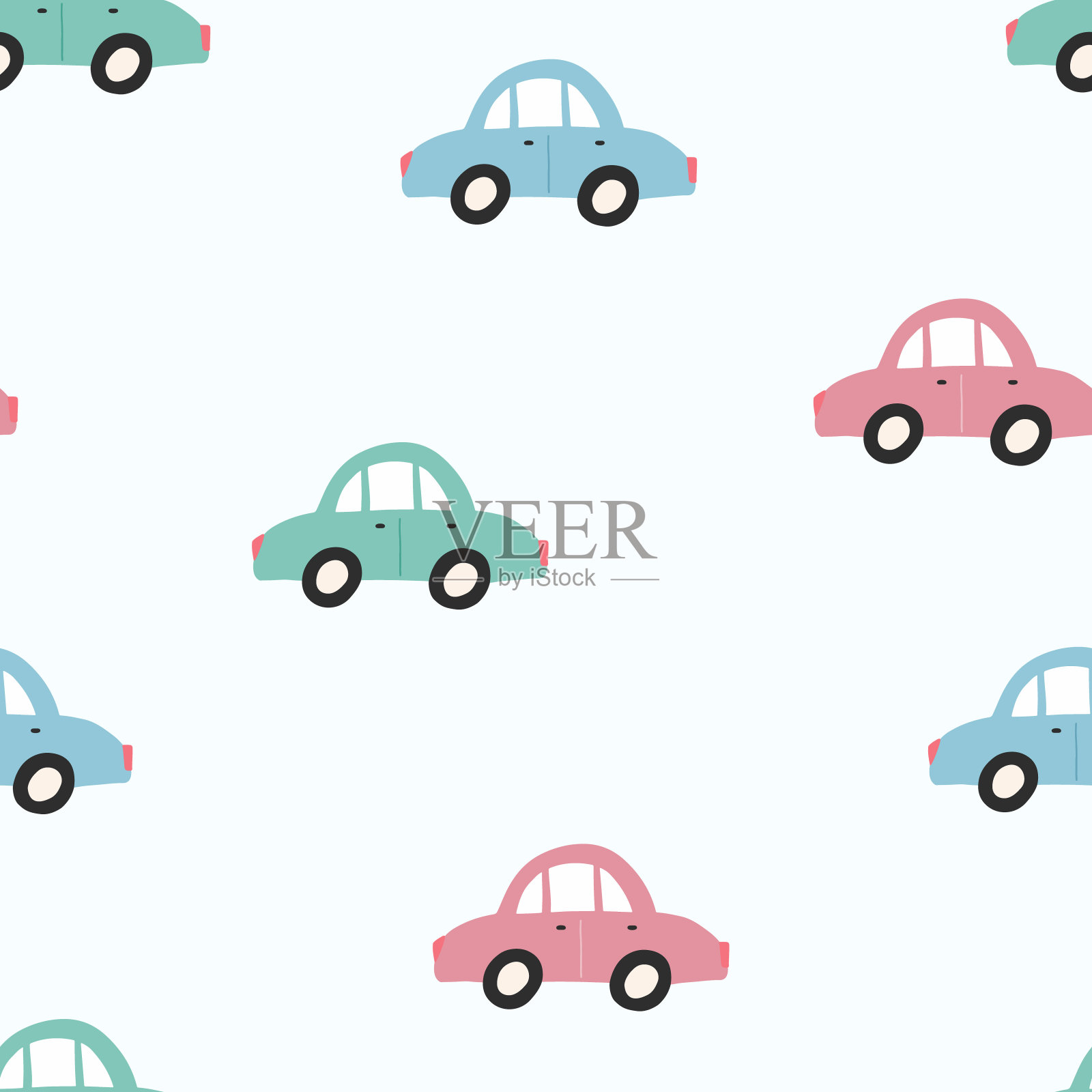 可爱的无缝模式的孩子手绘彩色汽车。插画图片素材