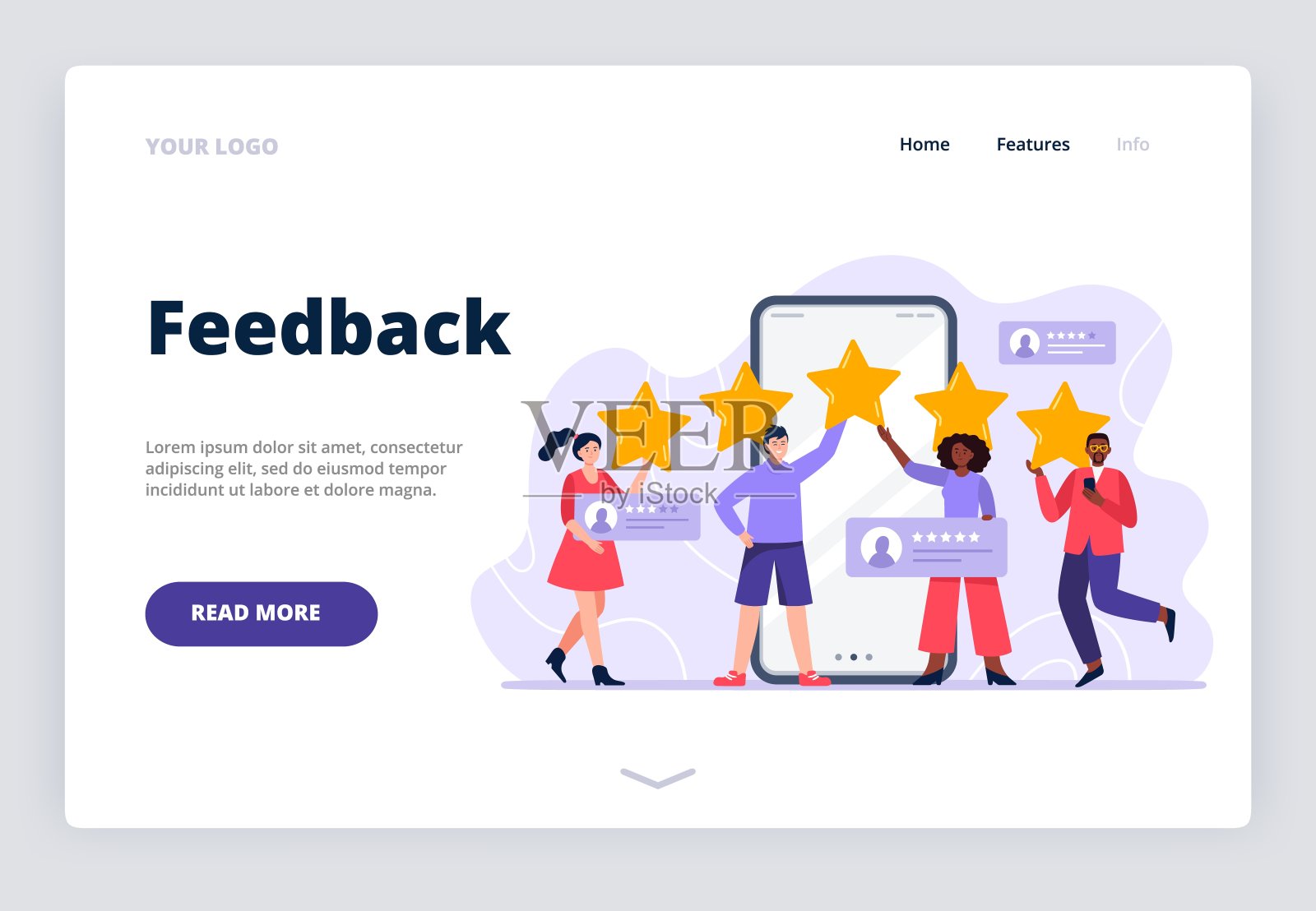 5星手机应用反馈。一个多民族的人评估应用程序，产品，服务。登陆页面模板与用户体验反馈概念。插画图片素材