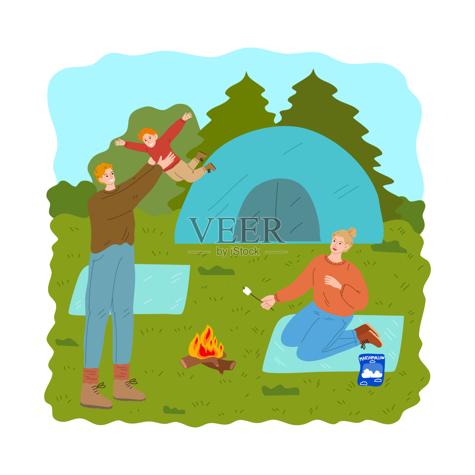 父亲和儿子玩，母亲烤棉花糖在自然旅行插画图片素材