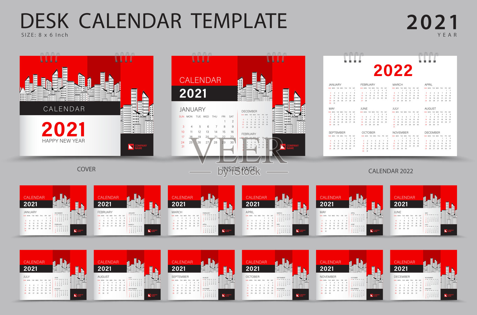 设定办公桌日历2021年模板创意设计。日历2022布局，一套12个月，计划，周开始于周日，文具设计，广告，现代红色封面设计，商业小册子传单，矢量eps10设计模板素材