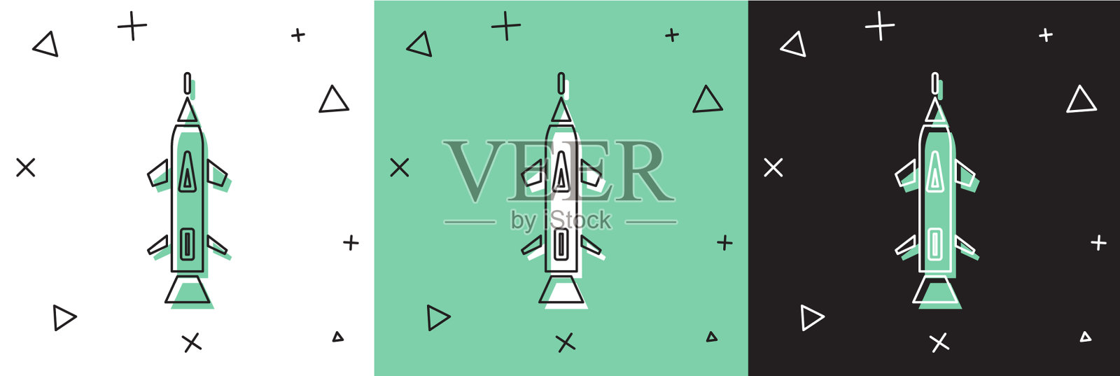 设置火箭图标隔离在白色和绿色黑色插画图片素材