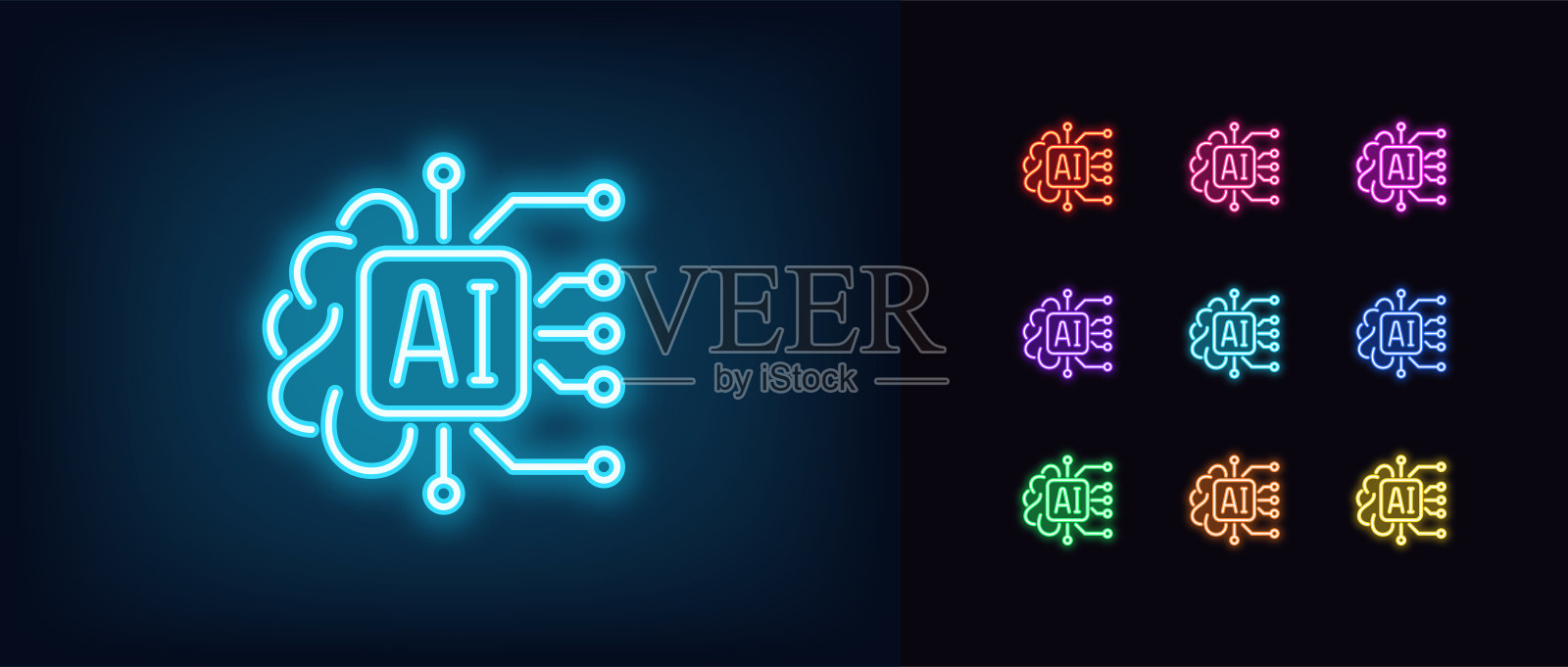 霓虹灯AI图标。发光的霓虹灯人工智能标识，数字思维插画图片素材