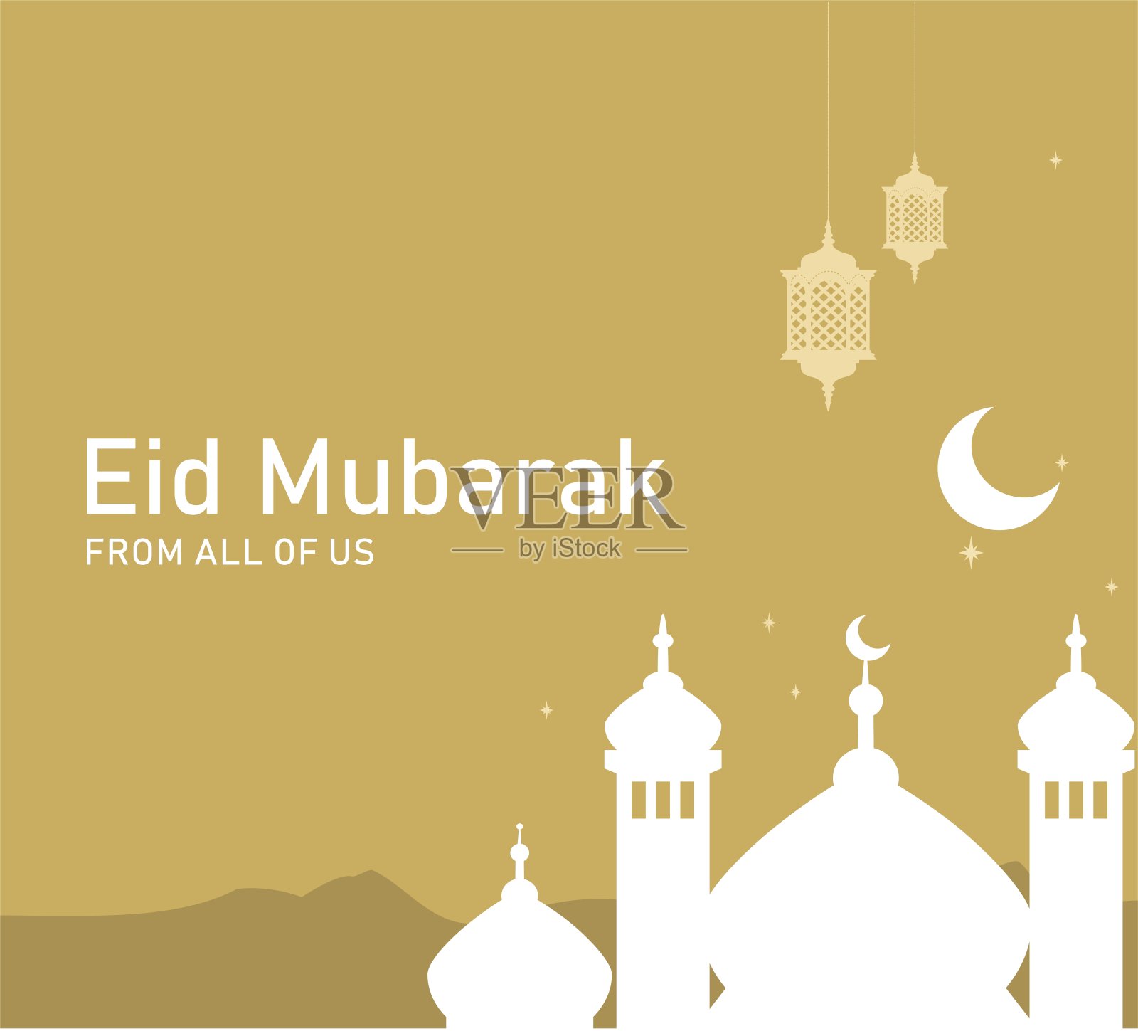 黄金主题的开斋节穆巴拉克贺卡设计与复制空间。带有圆顶和尖塔的清真寺剪影。插画图片素材