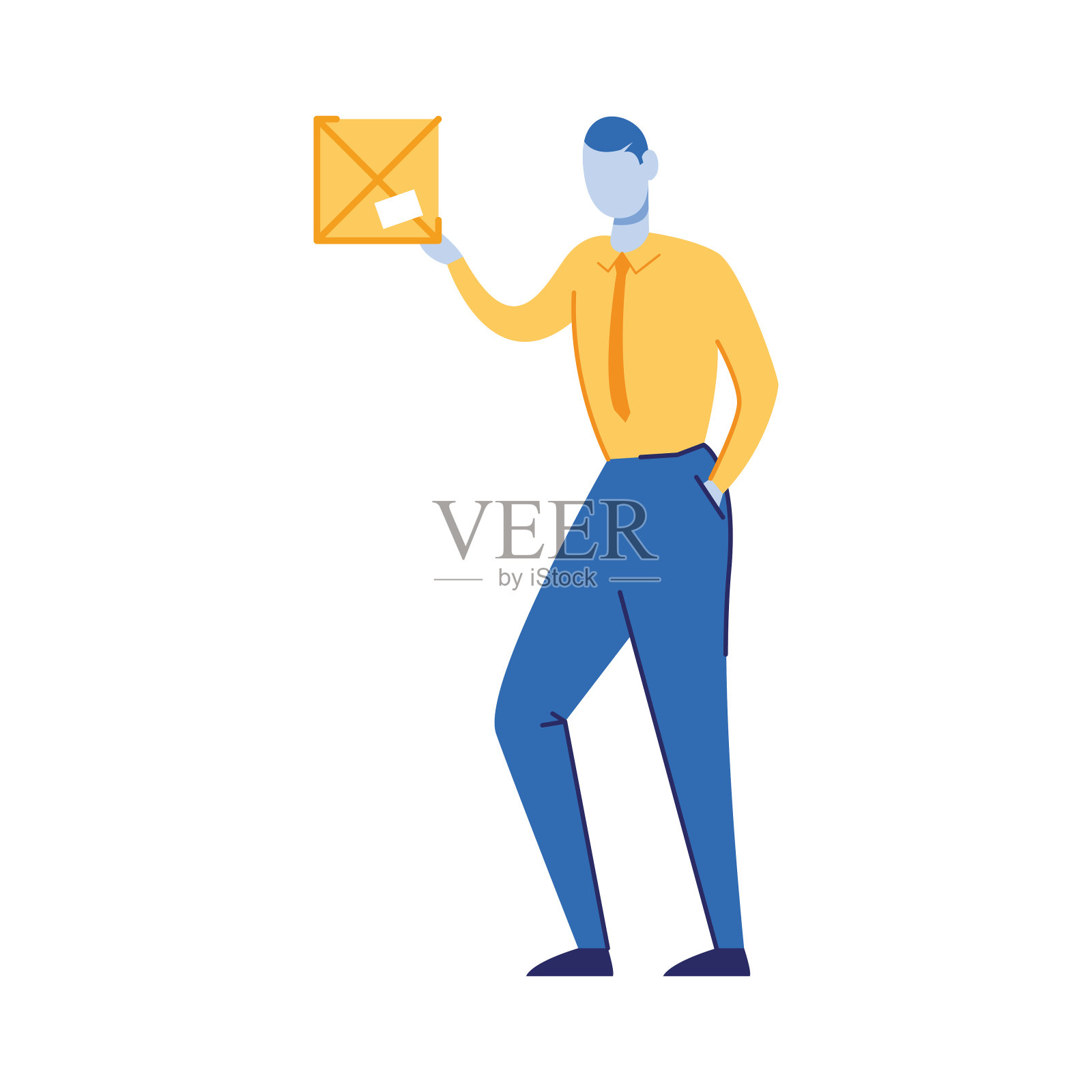 快递员拿着包裹。平面矢量图标。插画图片素材