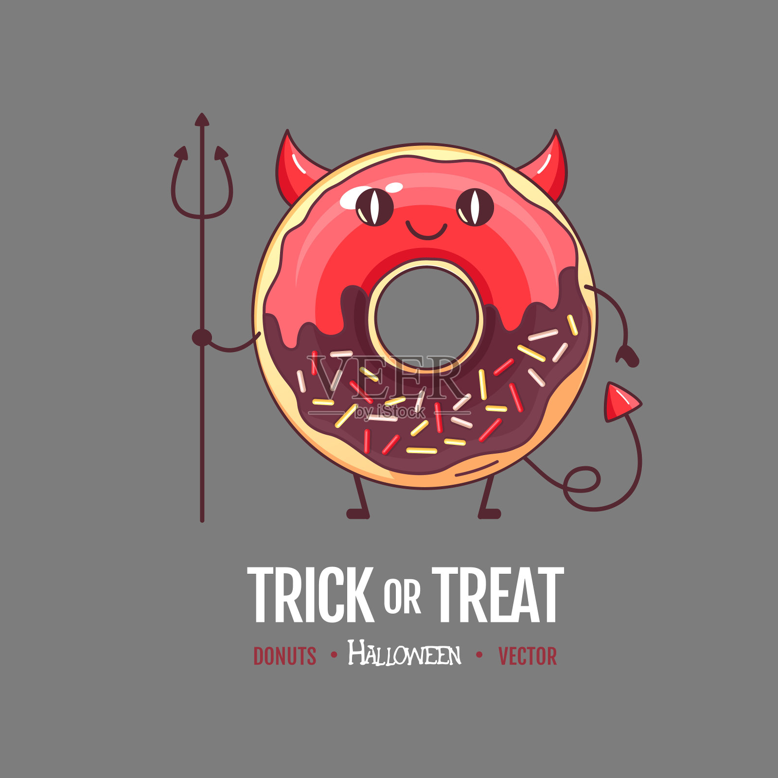 万圣节卡哇伊搞笑甜甜圈魔鬼。甜快餐矢量插图。图形打印标志插画图片素材