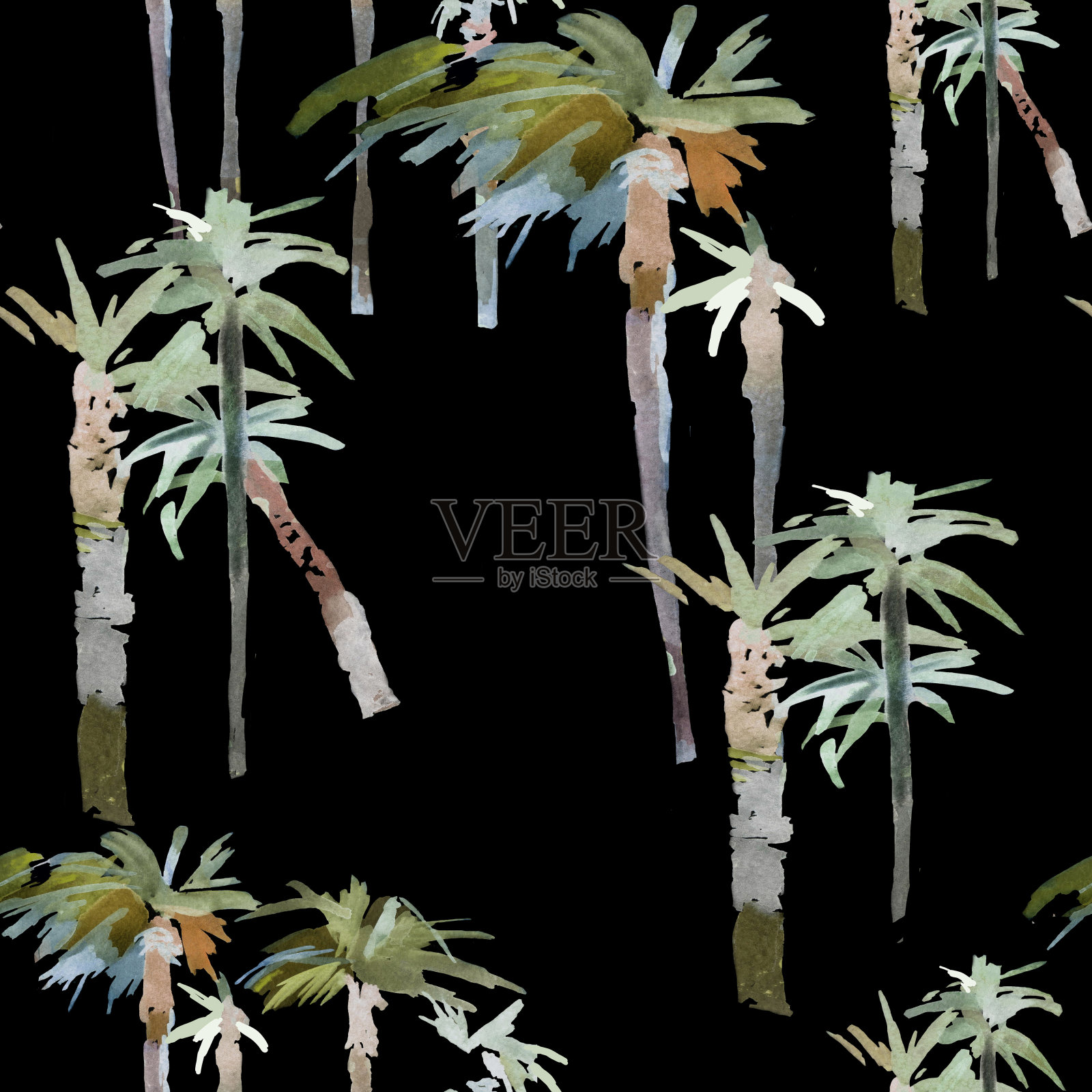 水彩棕榈树在黑色的背景无缝模式。插画图片素材