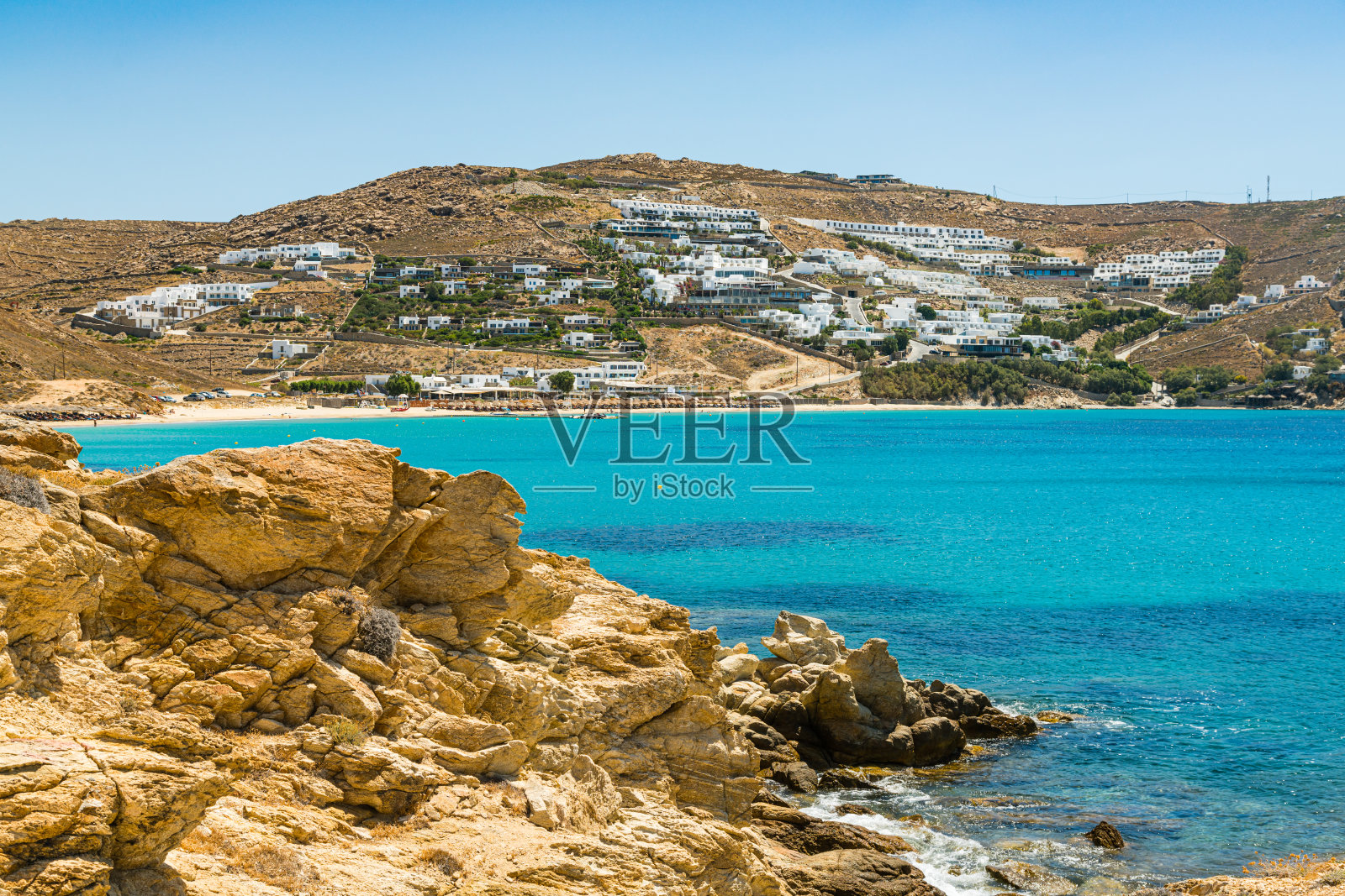 埃利亚海滩，从阿格利海滩，米科诺斯岛，希腊照片摄影图片