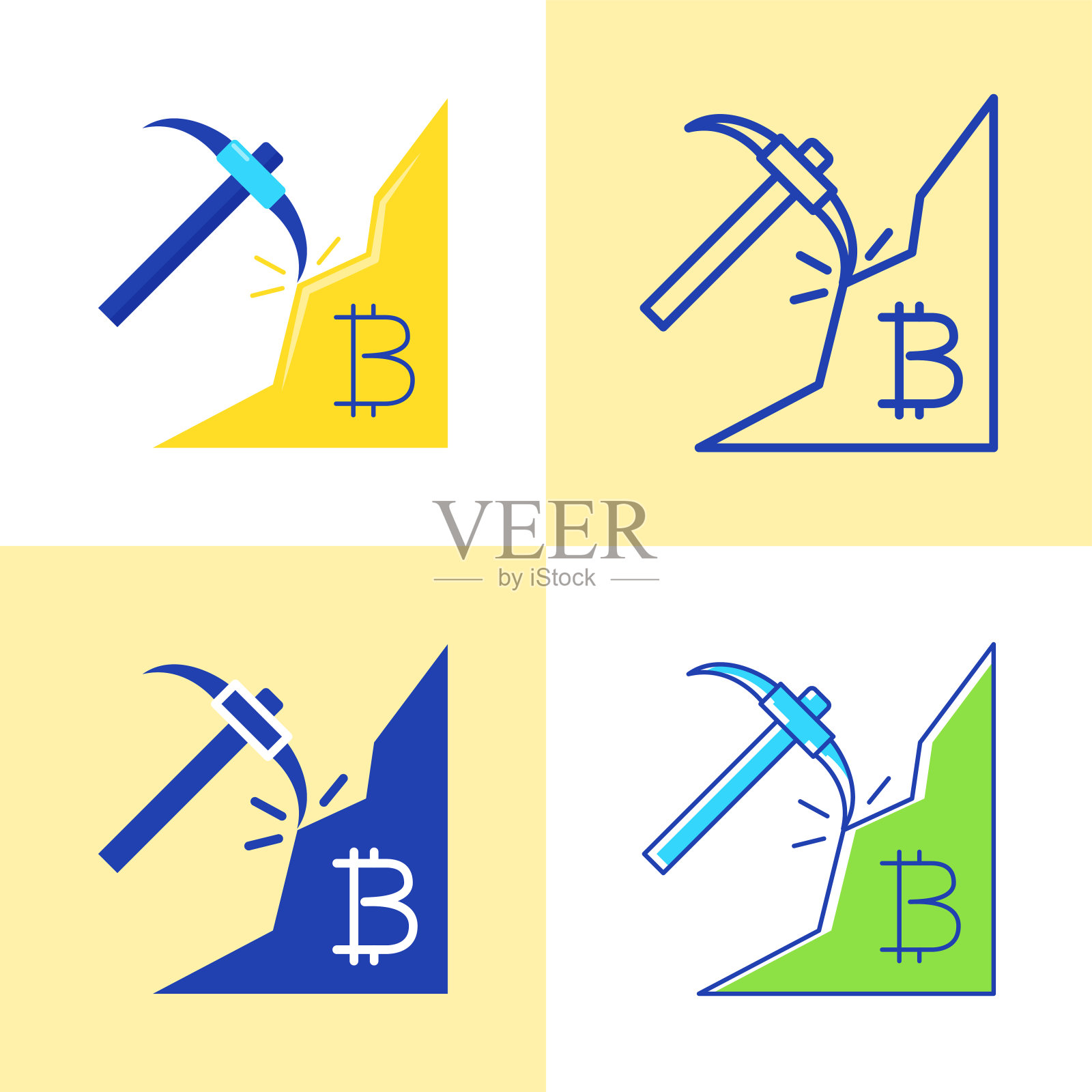 比特币挖矿图标设置在平面和线条风格插画图片素材