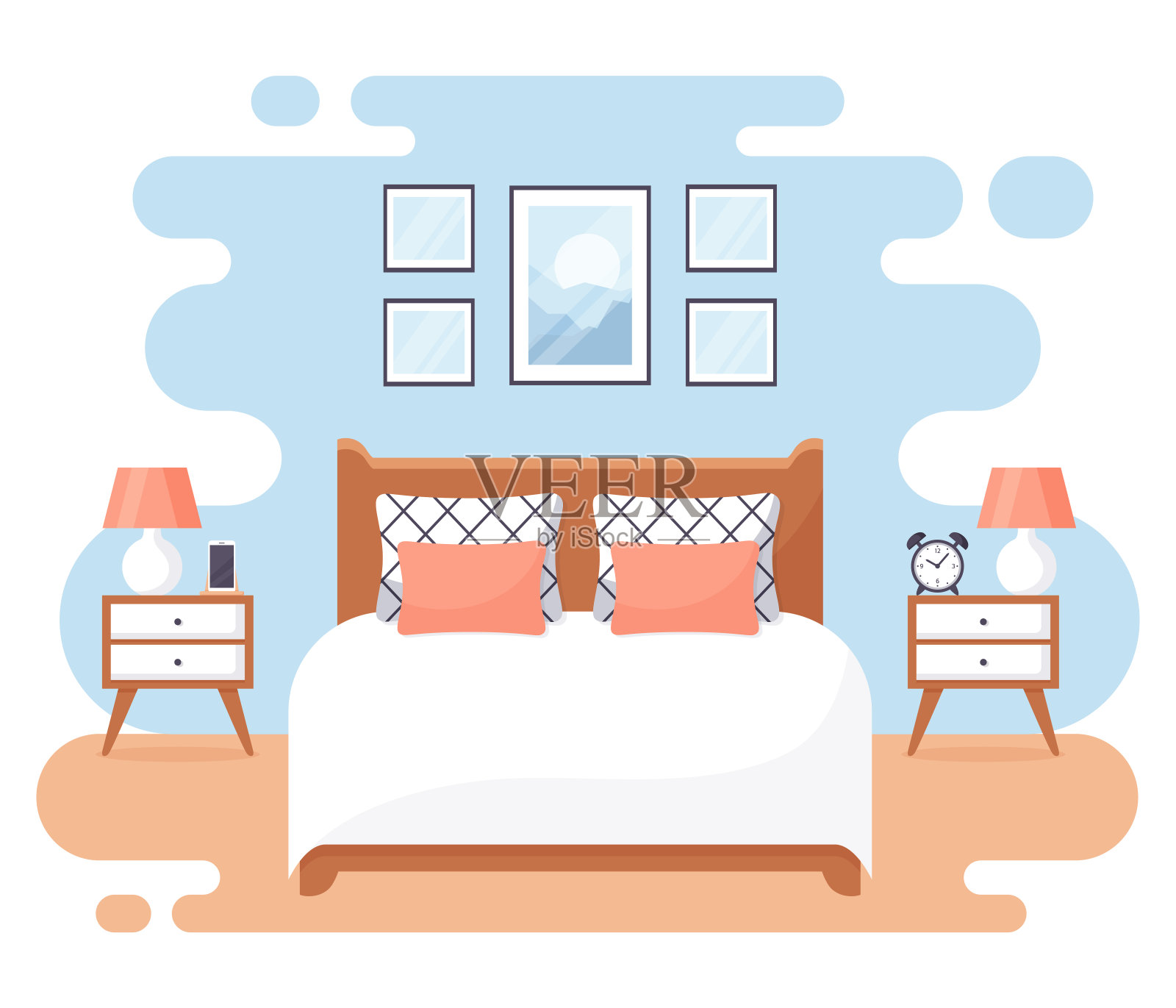 几何形状的卧室插图-床和两个床头柜插画图片素材