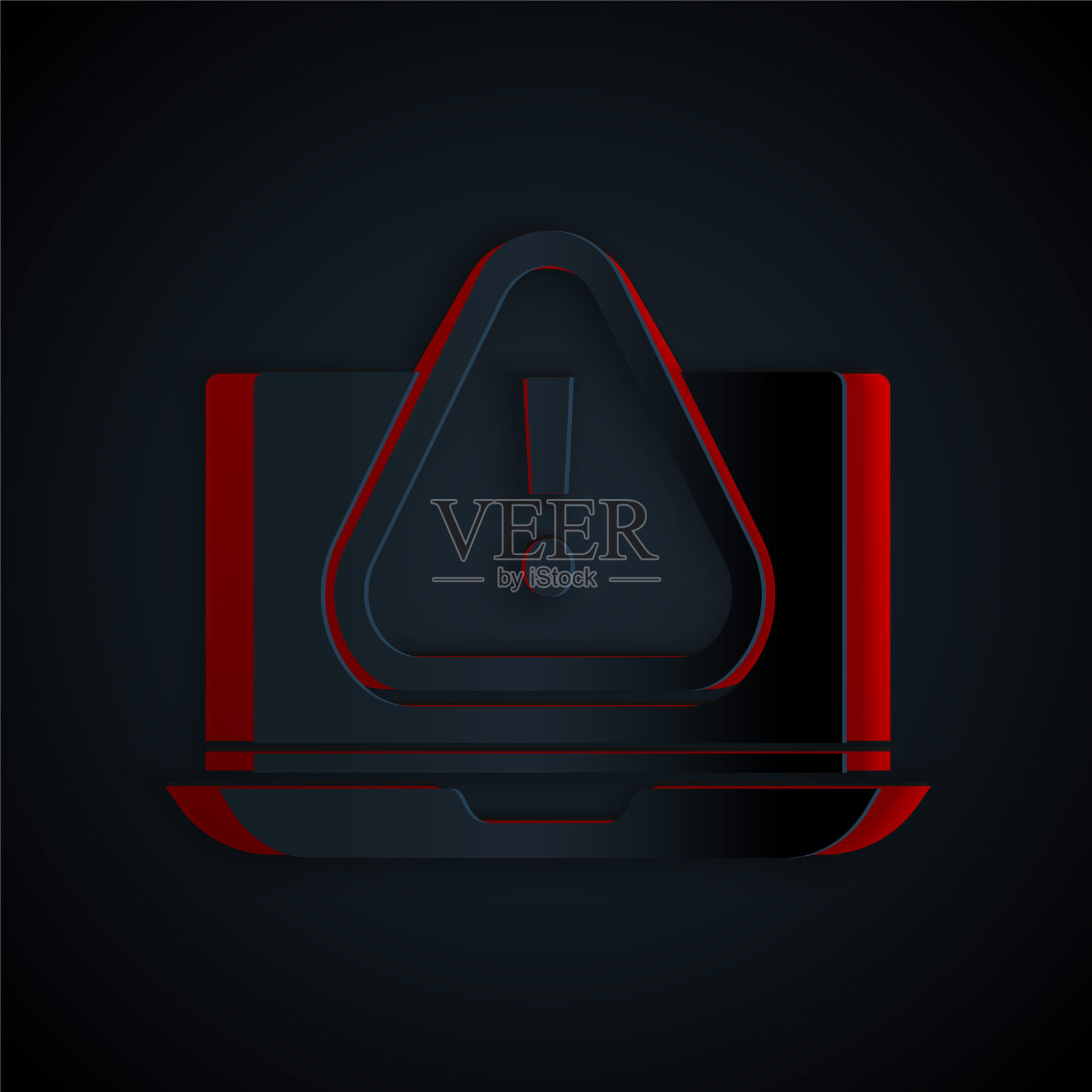 剪纸笔记本电脑与感叹号图标孤立在黑色背景。警报消息智能手机通知。纸艺术风格。矢量图插画图片素材