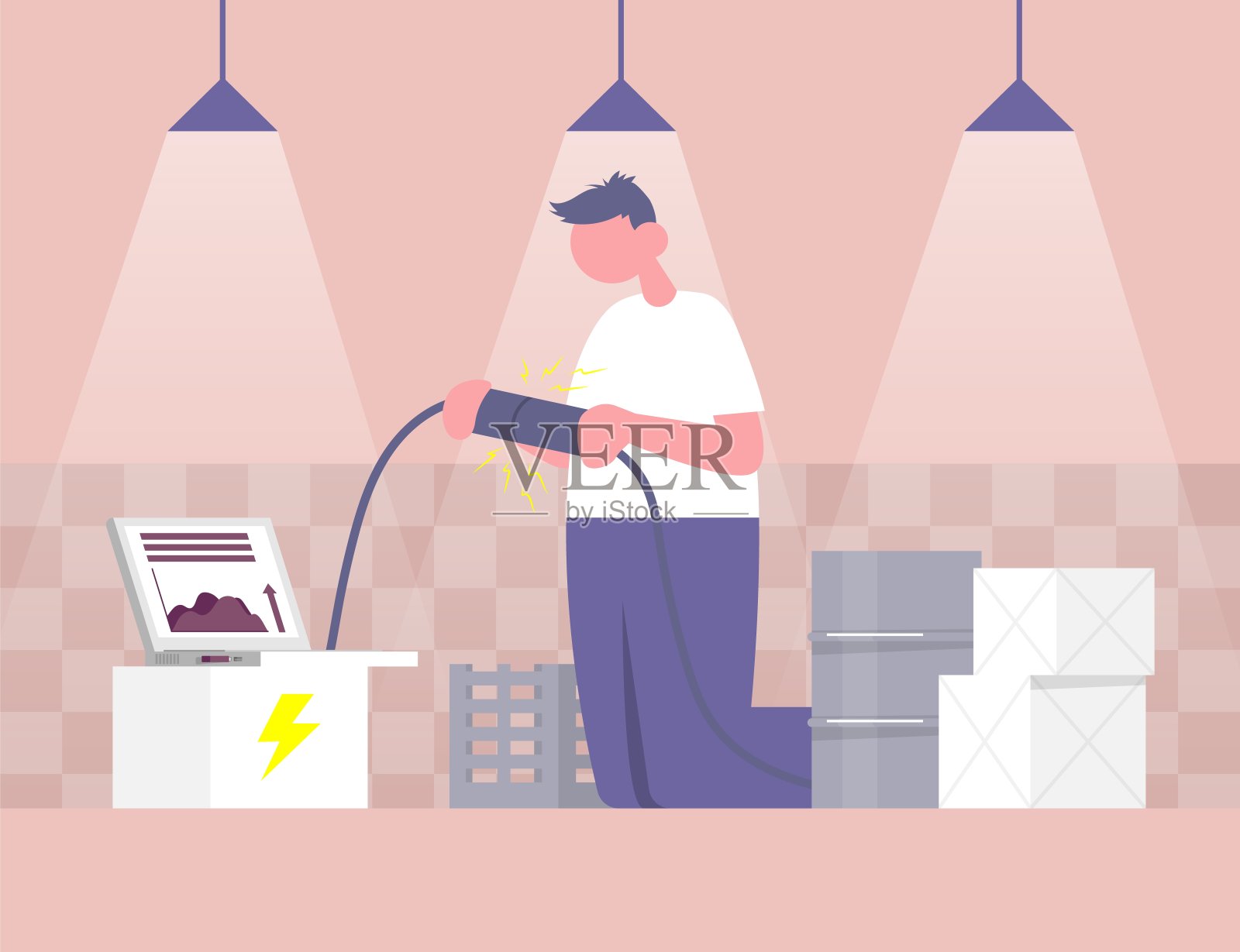 人连接矿区与笔记本电脑。彩色矢量平面卡通插图。插画图片素材