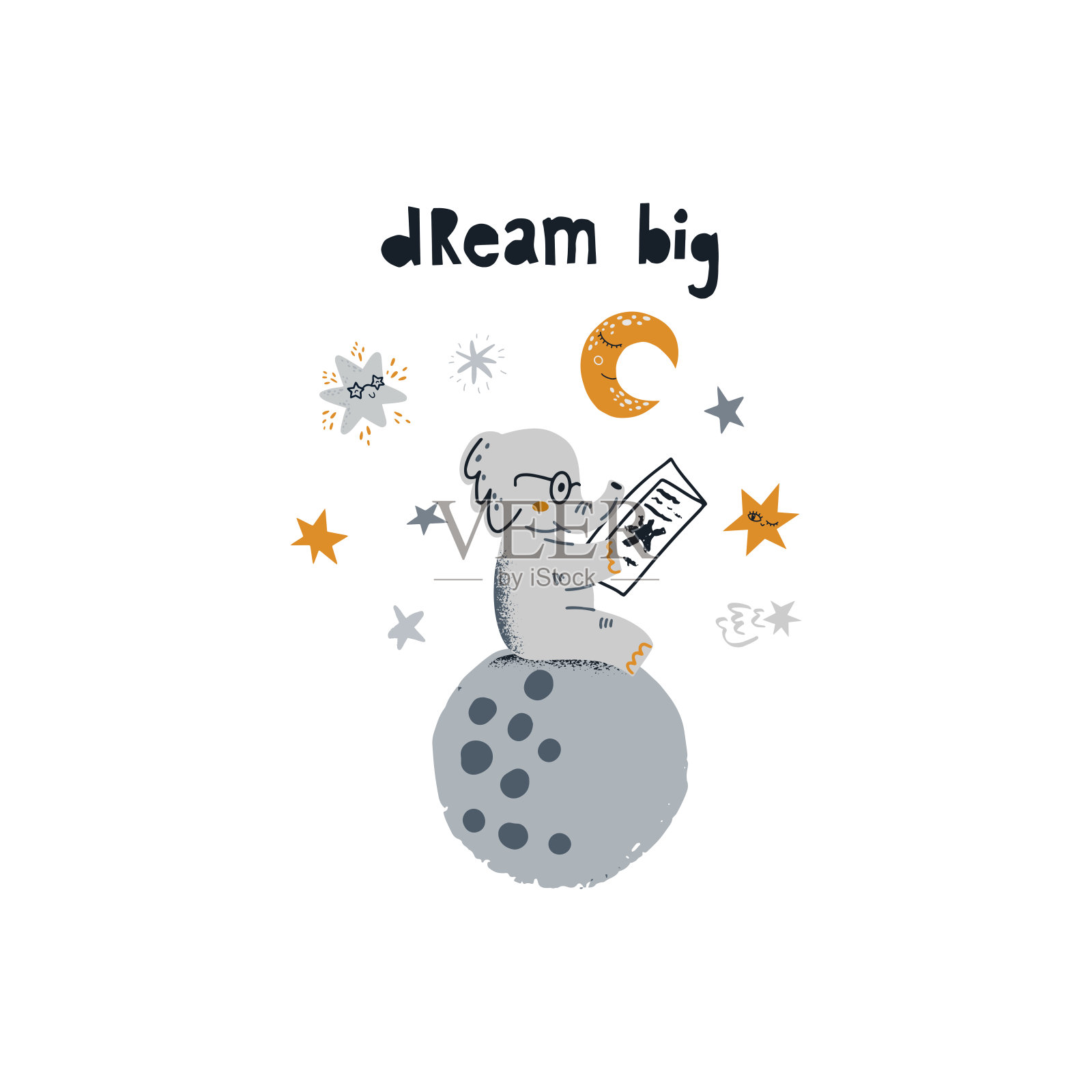 小象坐在一个星球上看杂志。字体大梦想。矢量插图的宇宙主题在幼稚的风格插画图片素材