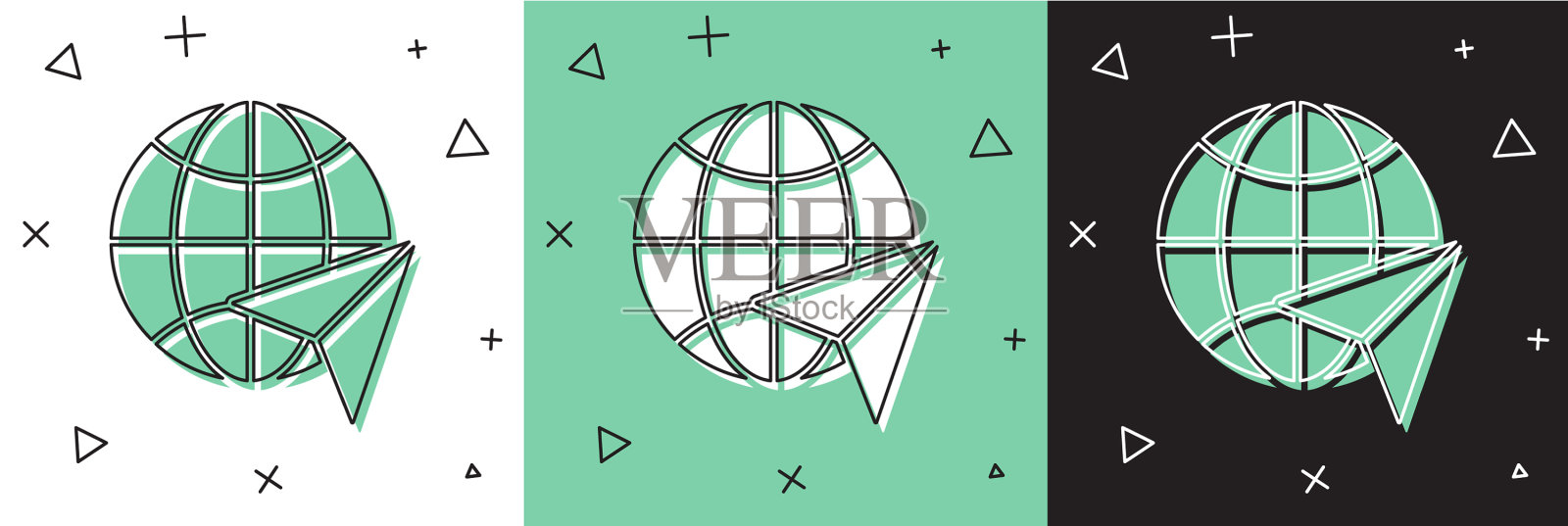 设置与飞行飞机图标隔离在白色的地球仪插画图片素材