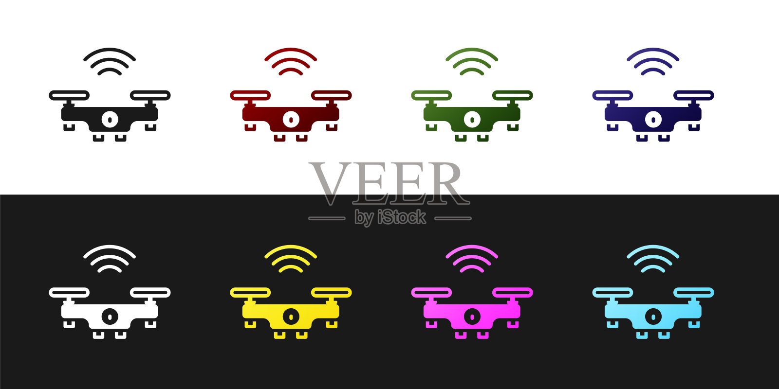 将智能无人机系统图标隔离为黑白背景。带有视频和照片相机符号的四轴飞行器。向量插画图片素材