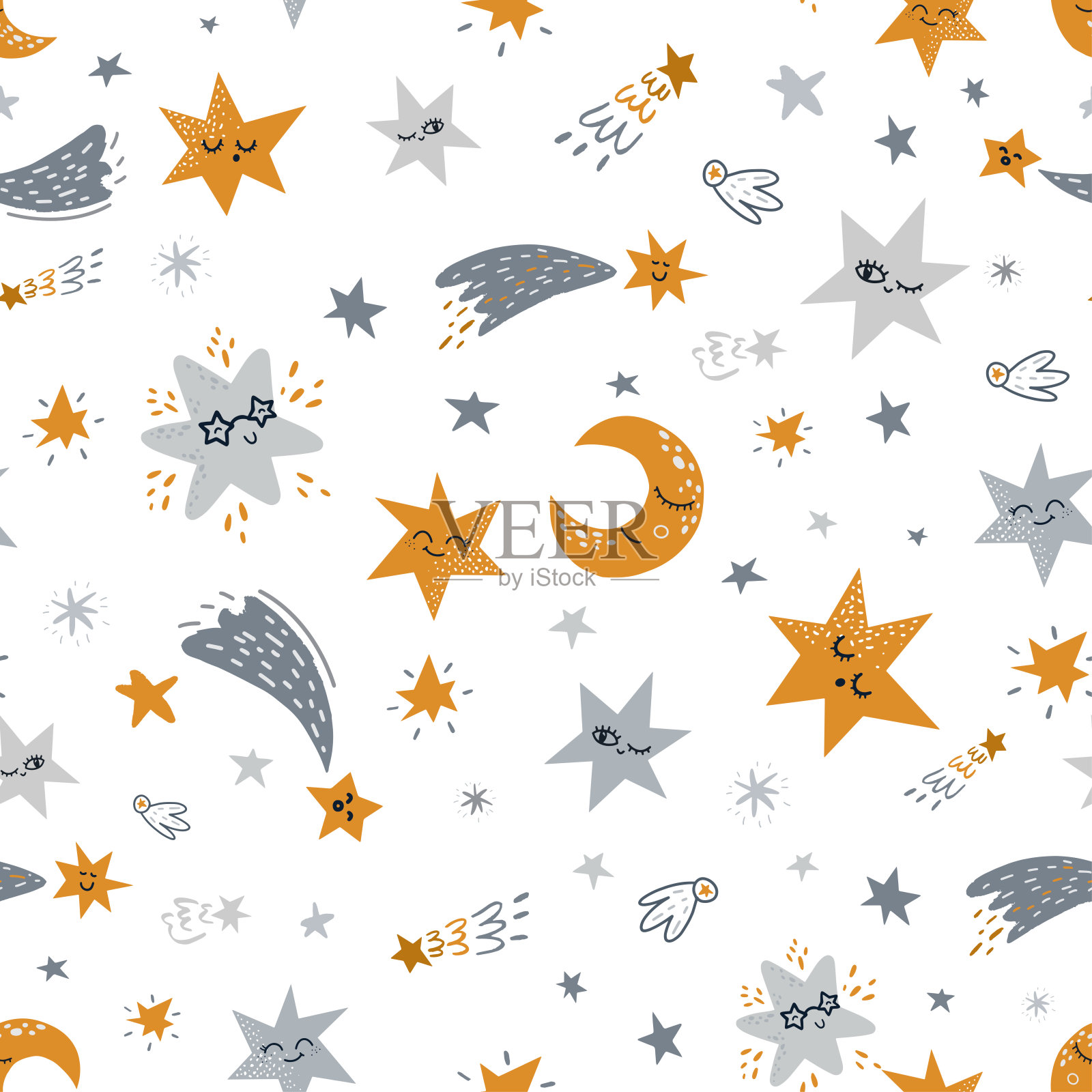 婴儿无缝模式与行星，恒星和宇宙飞船。手绘背景为您的设计。矢量幼稚图案的织物，纺织品，苗圃墙纸。插画图片素材