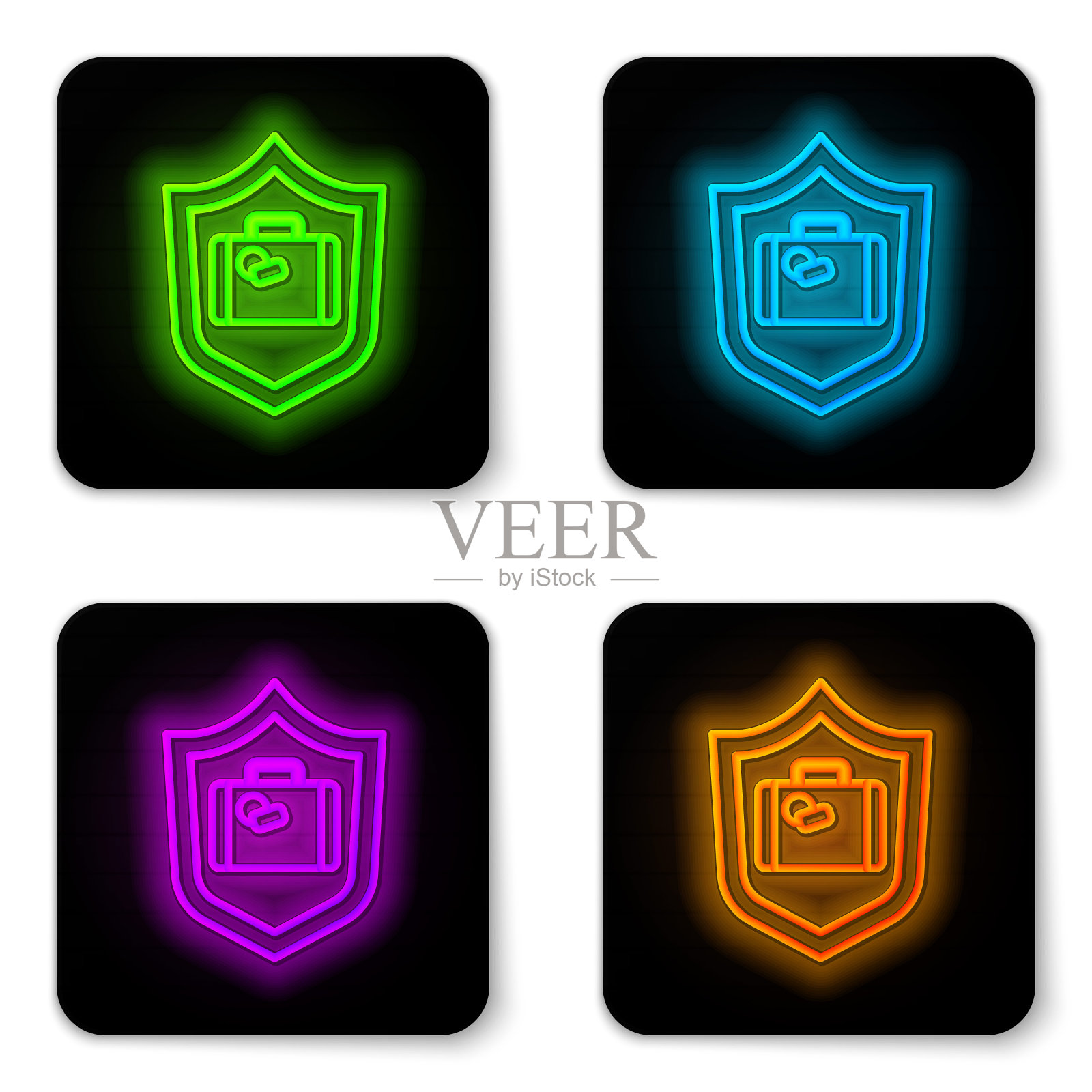 发光的霓虹灯线旅行手提箱与盾牌图标隔离在白色的背景。行李旅行保险。安全、安全、保护、保护理念。黑色方形按钮。向量图标素材