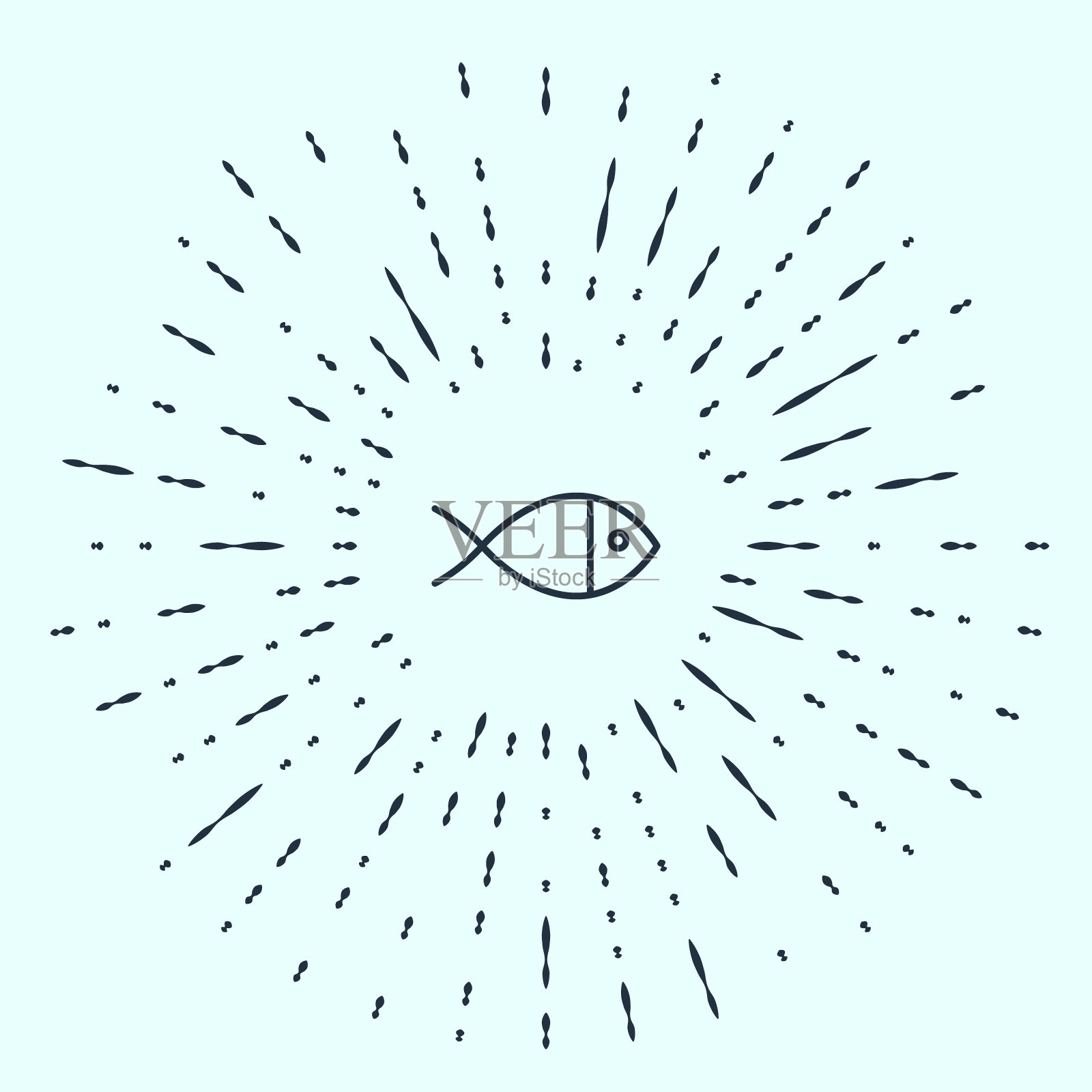 黑线基督教鱼符号图标孤立在灰色背景。耶稣鱼象征。抽象的圆随机点。矢量图插画图片素材