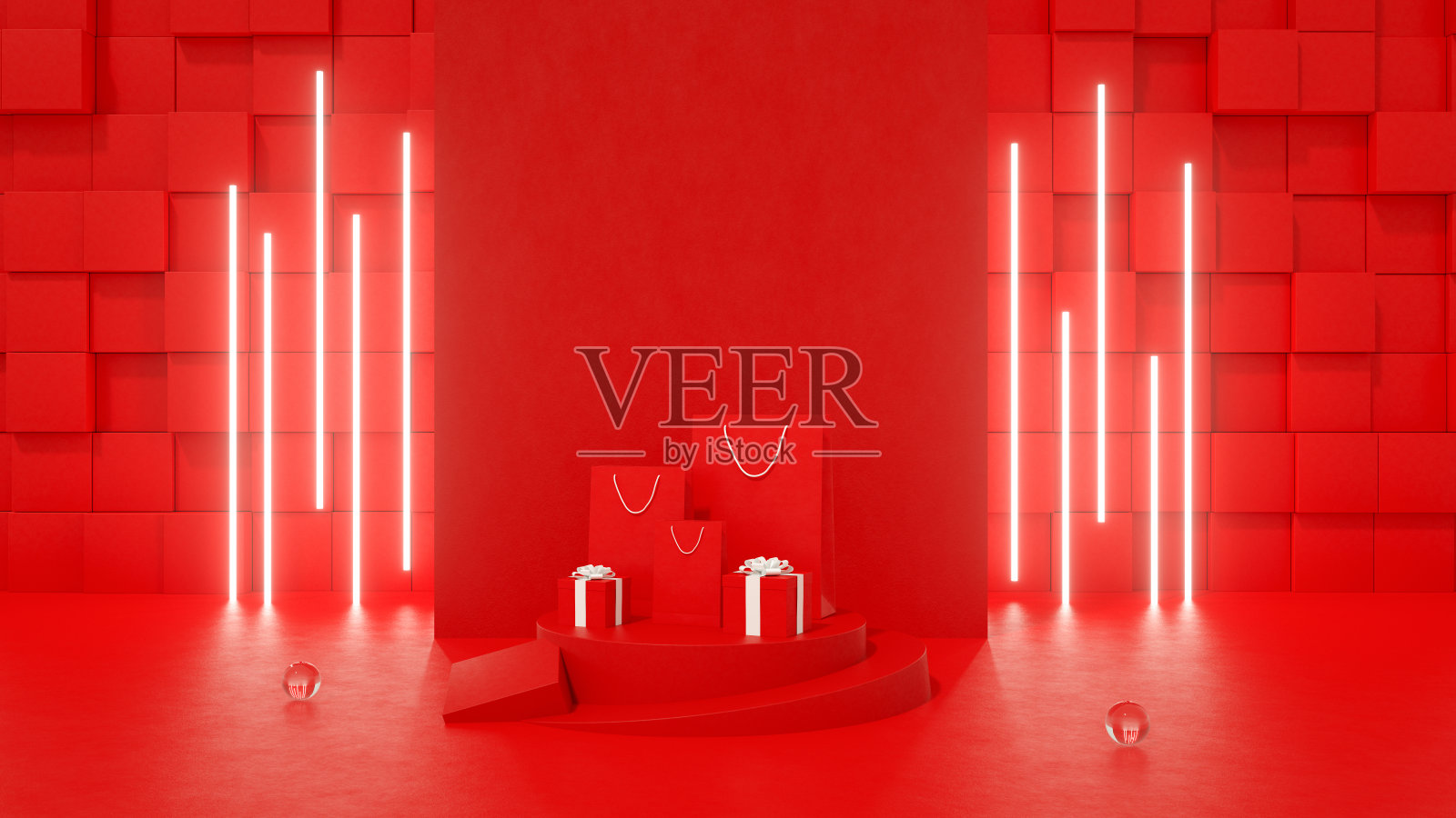 新年圣诞购物概念，礼品盒和购物袋在红色的背景照片摄影图片